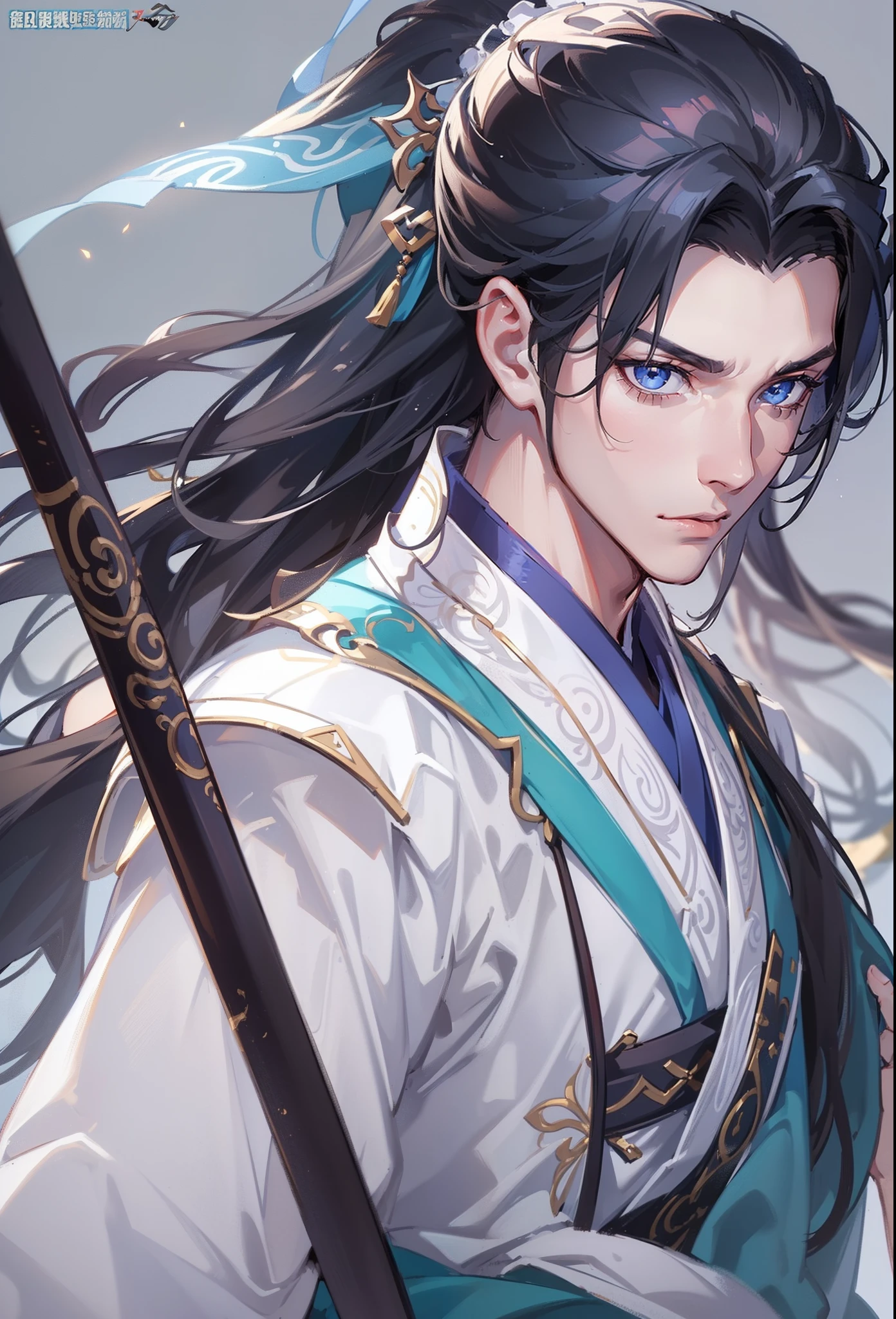 Masterpiece, best quality, daytime, 1 man, mature man, Chinese style, ancient China, Chinese palace, eagle, turquoise brown hair, gray blue eyes, forked hair, long hair, long bangs, high ponytail, handsome, handsome, masculine, serious, gentle, tall, quiet, dark colored clothes, gray blue clothes, dark blue clothes, unicorn pattern, prince, sword, looking down