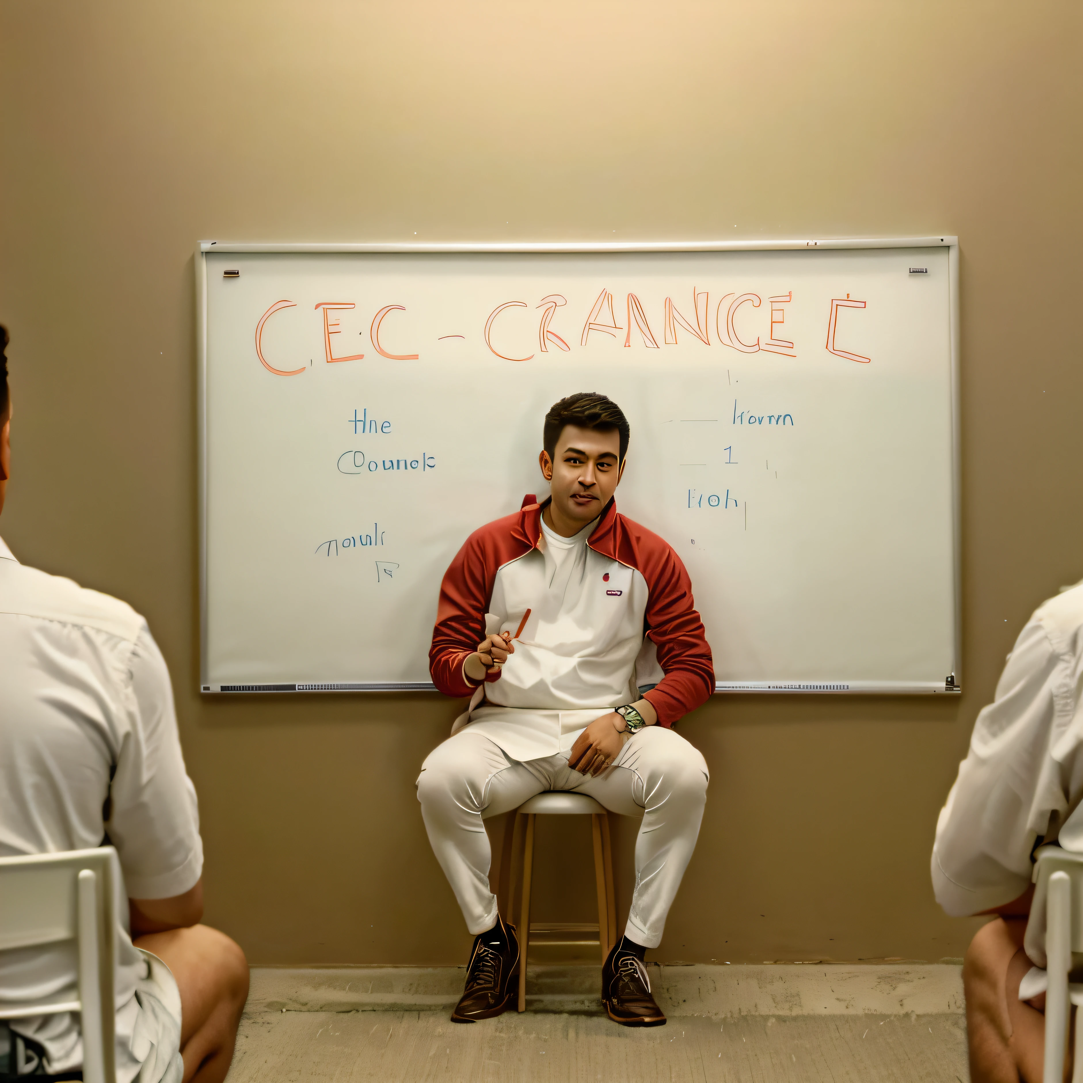 There is a man sitting in a chair in front of a whiteboard, Mohamed Chahin, CEO, Capturado na Canon EOS R 6, Postagem no Reddit, trending ,, Nivanh Chanthara, facebook post, great consistency, confidence, # Oc, #Oc, olhando parcialmente para a esquerda, unbeatable coherency, Thawan Duchanee