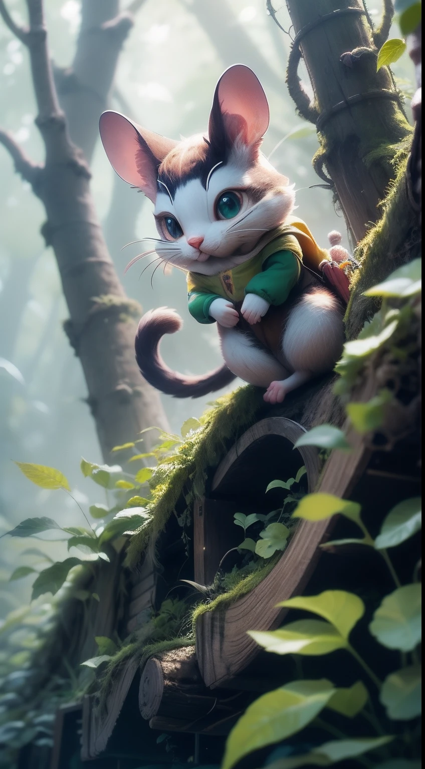 In the heart of a dense forest, A lively scene unfolds. A clever mouse darts in the bushes, Its tiny claws carry it quickly through the maze of nature. Behind it, A determined cat chases, Its eyes twinkle with anticipation of pursuit. The forest comes alive with this thrilling chase, The rustling of leaves and the distant calls of forest creatures add to the adrenaline-filled atmosphere. Witness this dynamic encounter between the witty mouse and its feline chaser, When nature's drama unfolds in the wilderness.