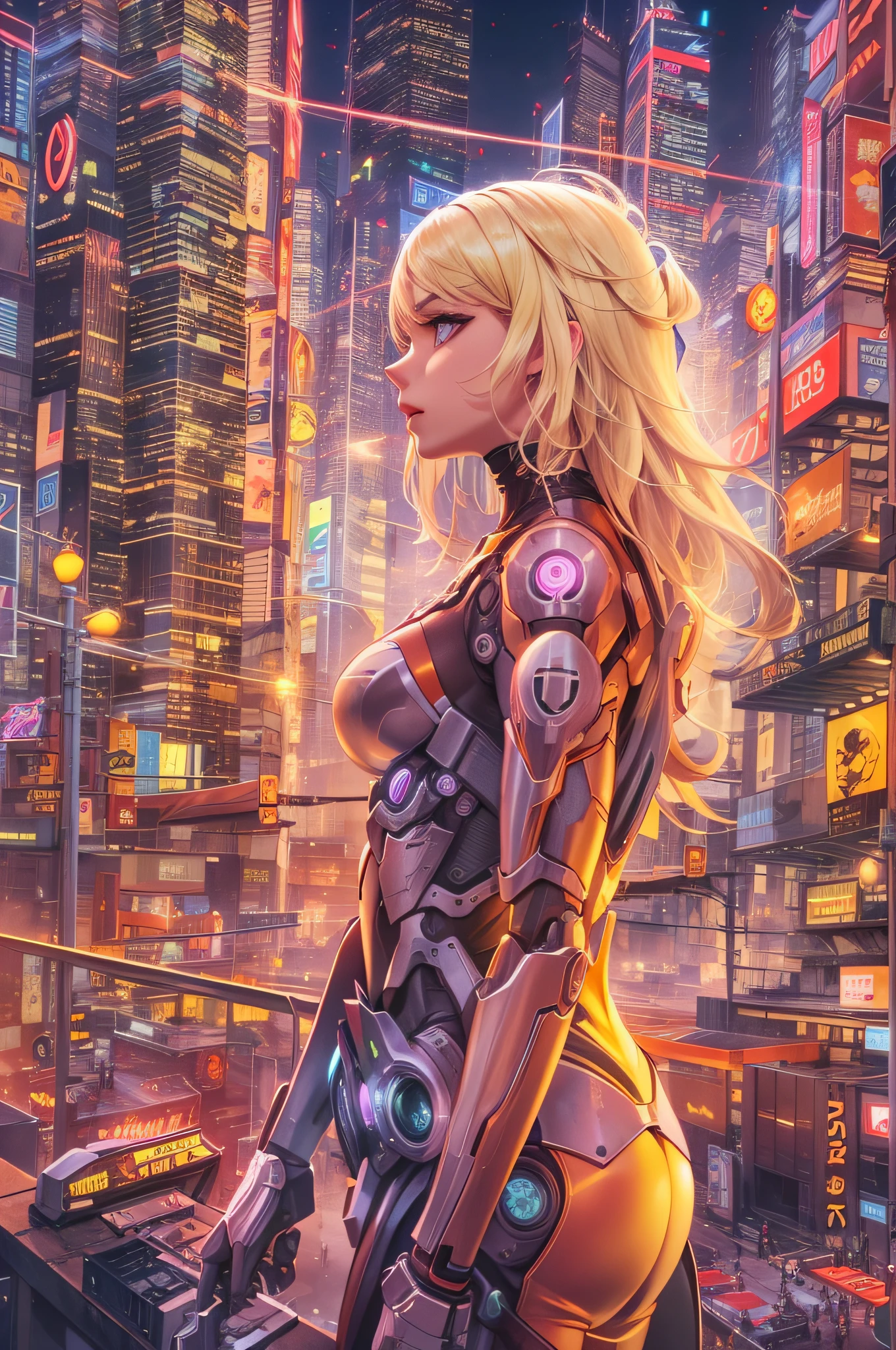 Heavily tattooed woman, open thighs,standing, solo,camel toe,black high leg bodysuit, second skin bodysuit, blonde hair, hazel eyes, skin tight, bare arms, black knee high boots,realistic,photorealistic, jack o pose, (correct anatomy), (human anatomy), (perfect posing), background is a crowded street of a neon lit cyberpunk city 