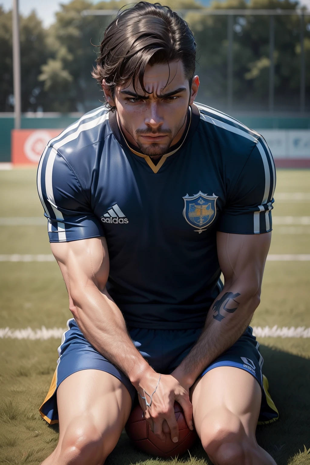male top, handsome, muscular, bear for several days, standing, full and gym body perfect, stubble, in retro shorts football,futbol style "80" adidas, bright blue retro, nylon, satin, in dominant attitude, showing marking big bulge, with t-shirt