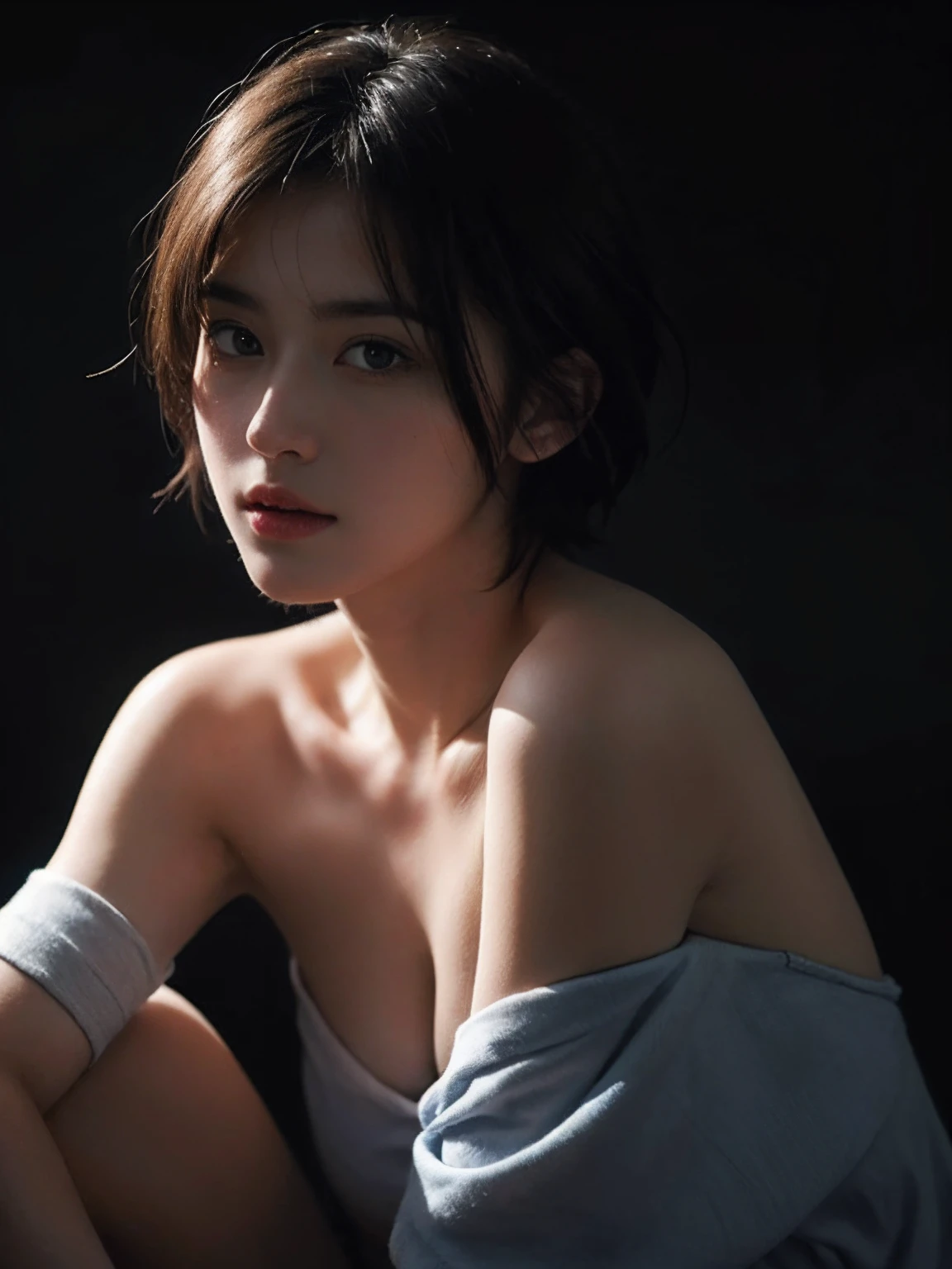 (8k, photorealistic, RAW photo, best quality: 1.4), (front focus), beautiful face, (realistic face), ( short hair:1.3), beautiful hairstyle, realistic eyes, beautiful detailed eyes, photo of beautiful (((dark skin girl))), dynamic lighting, volumetric lighting, 1girl,in the dark, cowboy shot, big boob,
