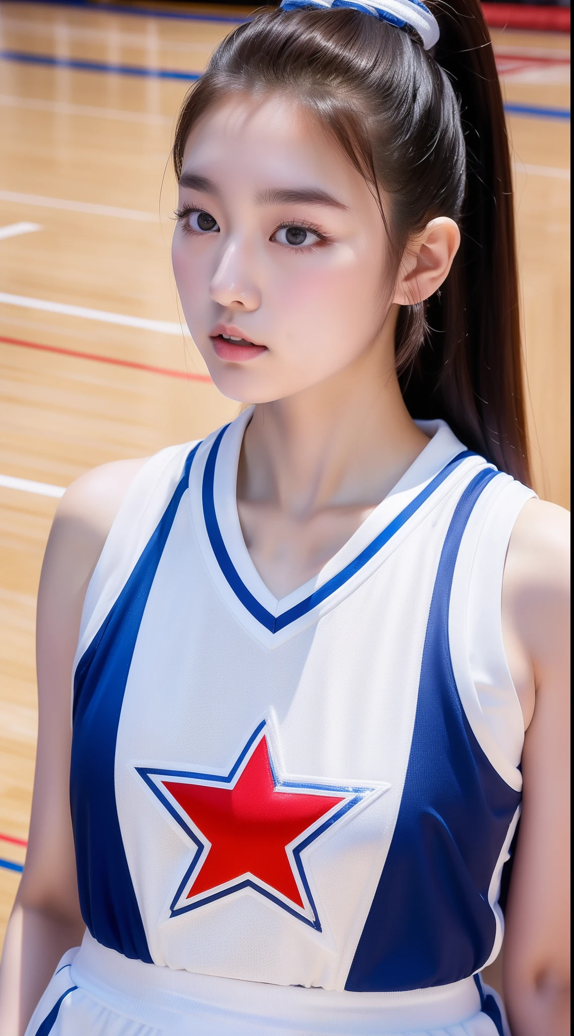 realistic photos of (1 cute Korean star), hair two side up, white skin, thin makeup, 32 inch breasts size, wearing basketball outfit at basketball court, close-up, 16k