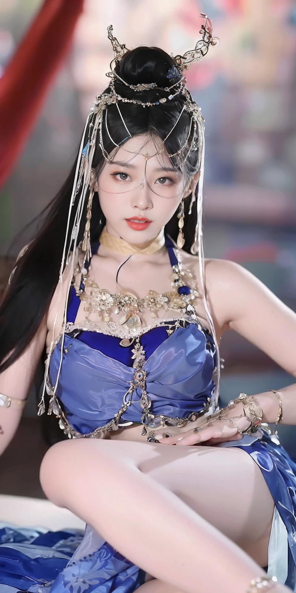 An Araki woman in a blue dress and headdress sits on the bed, Aesthetic!!!!!! female elf, she is dressed as a belly dancer, beautiful Korean women, Beautiful goddess, a beautiful fantasy empress, Korean Idol, Korean girl, lalisa manobal, Belly dancing, Gorgeous young Korean woman, full-body xianxia, Korean woman, Beautiful oriental woman