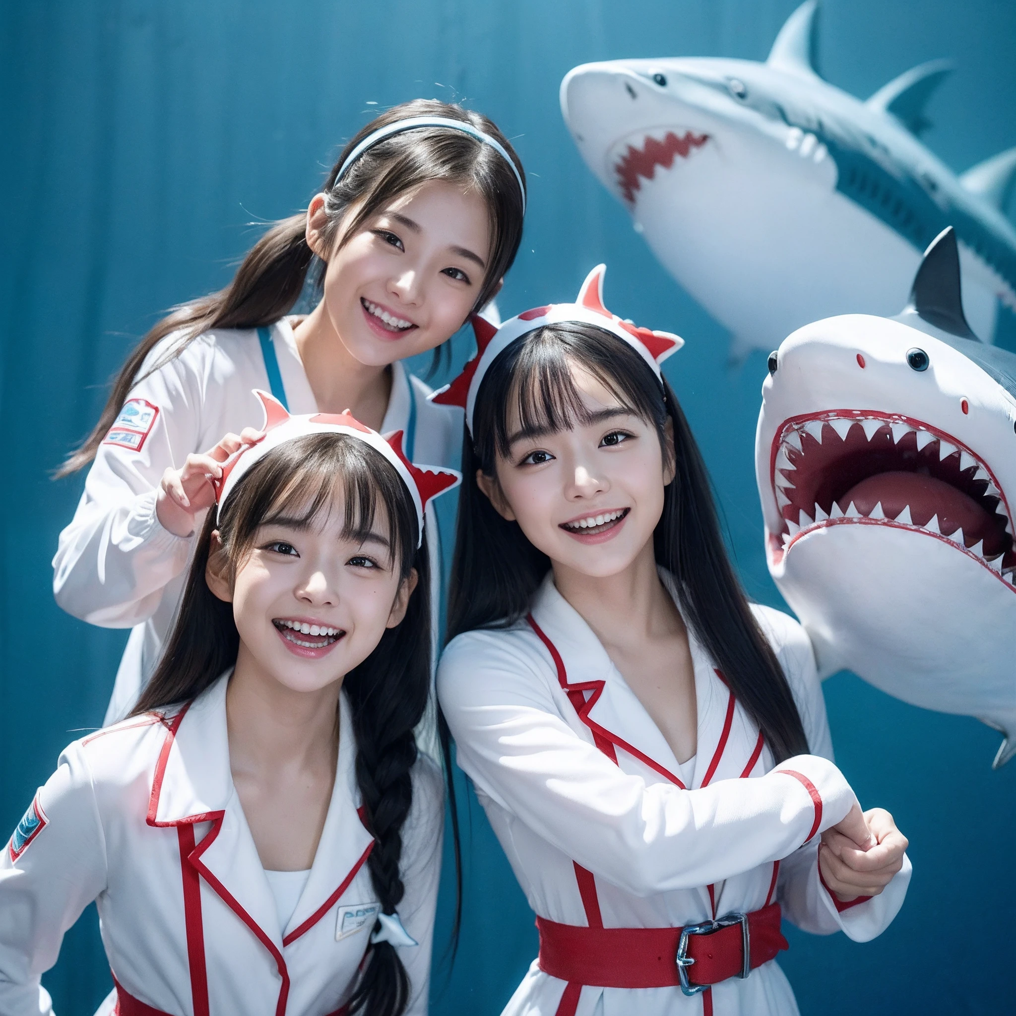 (8K、RAW Photos、top-quality、​masterpiece:1.5)、(realisitic、Photorealsitic:1.5)、ultra-detailliert、超A high resolution、lighting like a movie、(((Idols who love sharks)))、(((Japan 16 year old girls)))、(((Wearing a cute costume with a shark motif)))、(A lot of sharks:1.5)、cute smile face、Happy and energetic atmosphere、dynamic ungle、动态照明