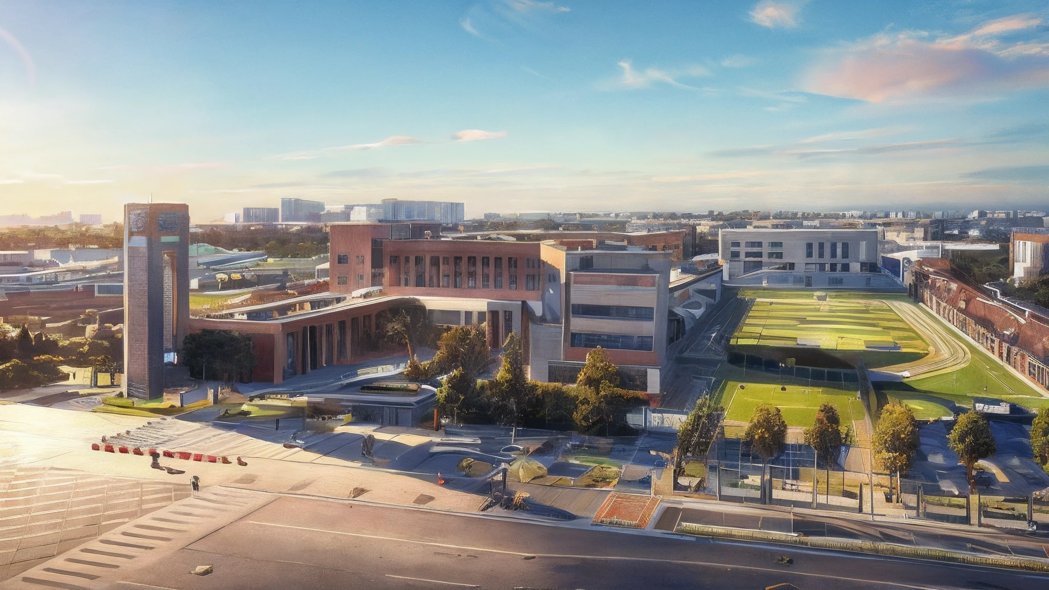 Aerial view of the football field and the school with the clock tower, wide angle shot from above, High school, wide aerial shot, school, shot from 5 0 feet distance, wide long shot, Wide view, wide overhead shot, school courtyard, no watermark, high detail photo, shot from drone, wide long view, composite, wide - angle shot, Wide angle lens The weather is clear