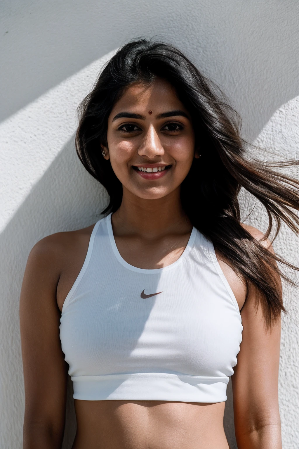 RAW photo, face portrait photo of beautiful 26 y.o indian woman, cute face, wearing white crop top and white short length sports, happy face, hard shadows, cinematic shot, dramatic lighting