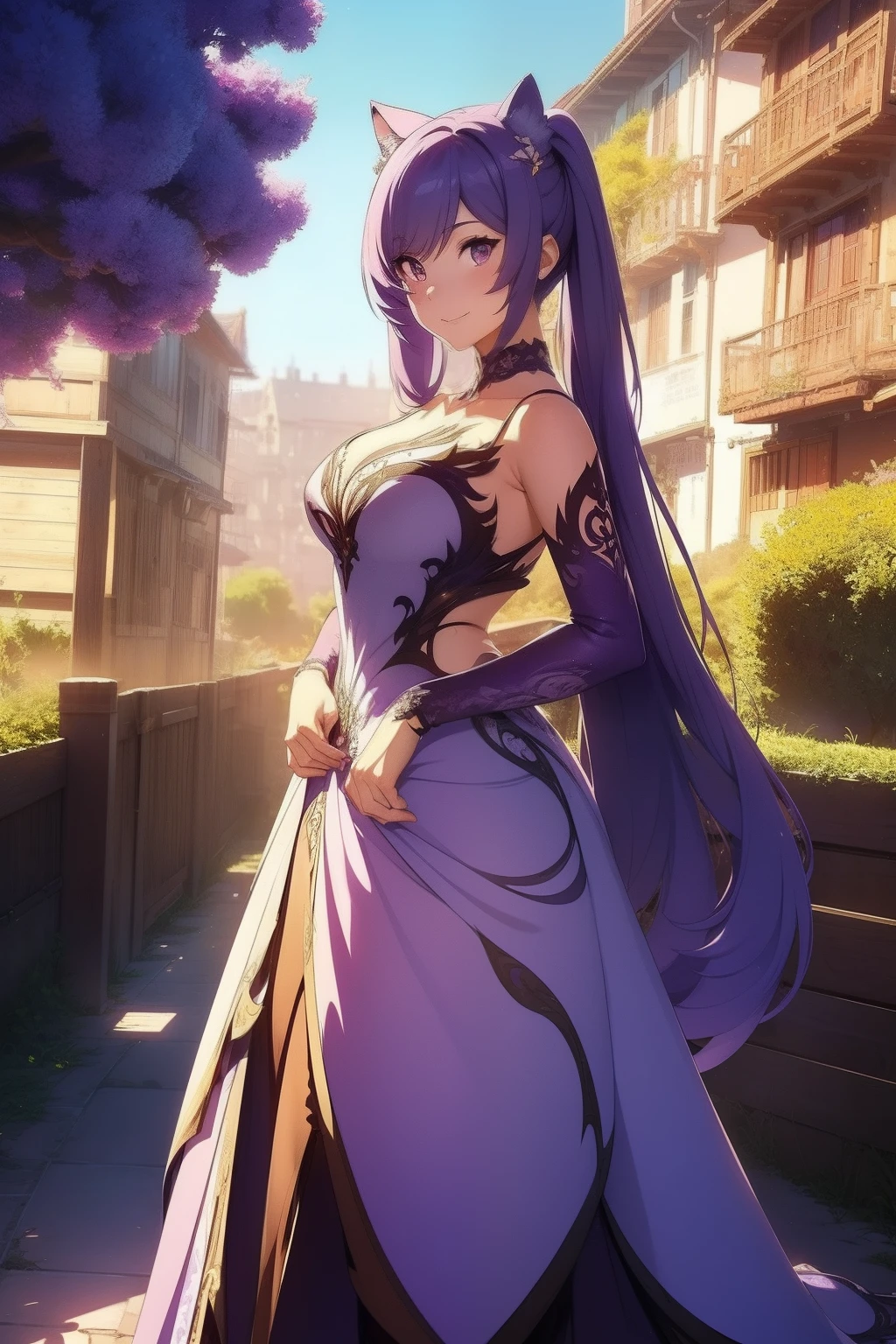 anime girl, purple hair, purple cat ear anime styled, anime style, anime, most beautiful artwork in the world, Features soft and shiny, female, ((cute girl, fantasy, defined features ,smiling, kind look, long hair in model pose, Fantastic location, cinematic environment, outdoors)), full body ,8k unity render, cinematic lighting, heavy shading, Detailed, (vibrant, photograph realistic, Light, Bright, Sharp focus, 8K), (Designer gown:1.4), (((dress))), (Intricate:1.4), decadent, (Highly detailed:1.4), Digital painting, rendering by octane, art stations, concept-art, smooth, Sharp focus, illustration, Art germ, (loish:0.23),((Bright and outdoor city background:1.3)),