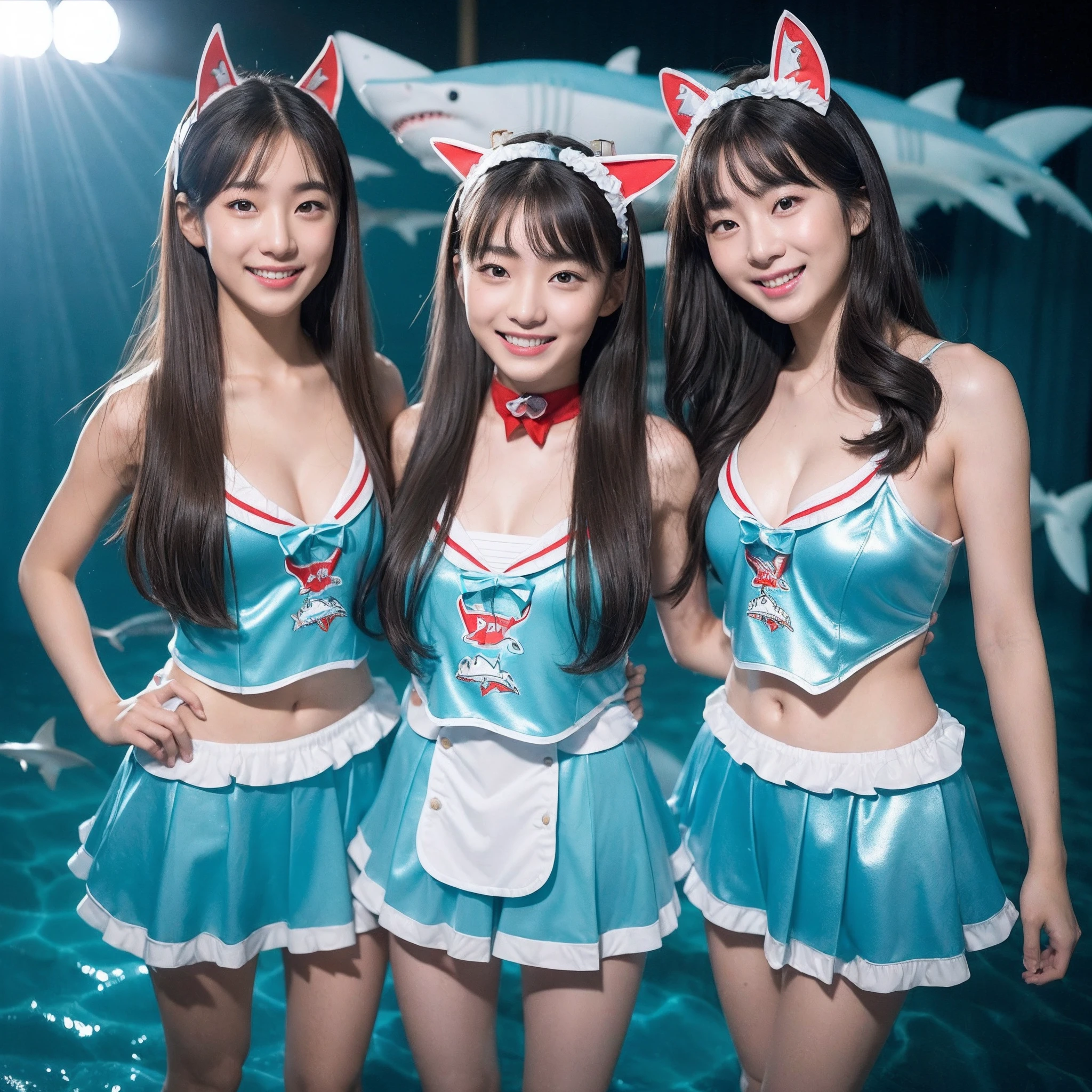 (8K、RAW Photos、top-quality、​masterpiece:1.5)、(realisitic、Photorealsitic:1.5)、ultra-detailliert、超A high resolution、lighting like a movie、(((Idols who love sharks)))、(((Japan  girls)))、(((Wearing a cute costume with a shark motif)))、(A lot of sharks:1.5)、cute smile face、Happy and energetic atmosphere、dynamic ungle、动态照明