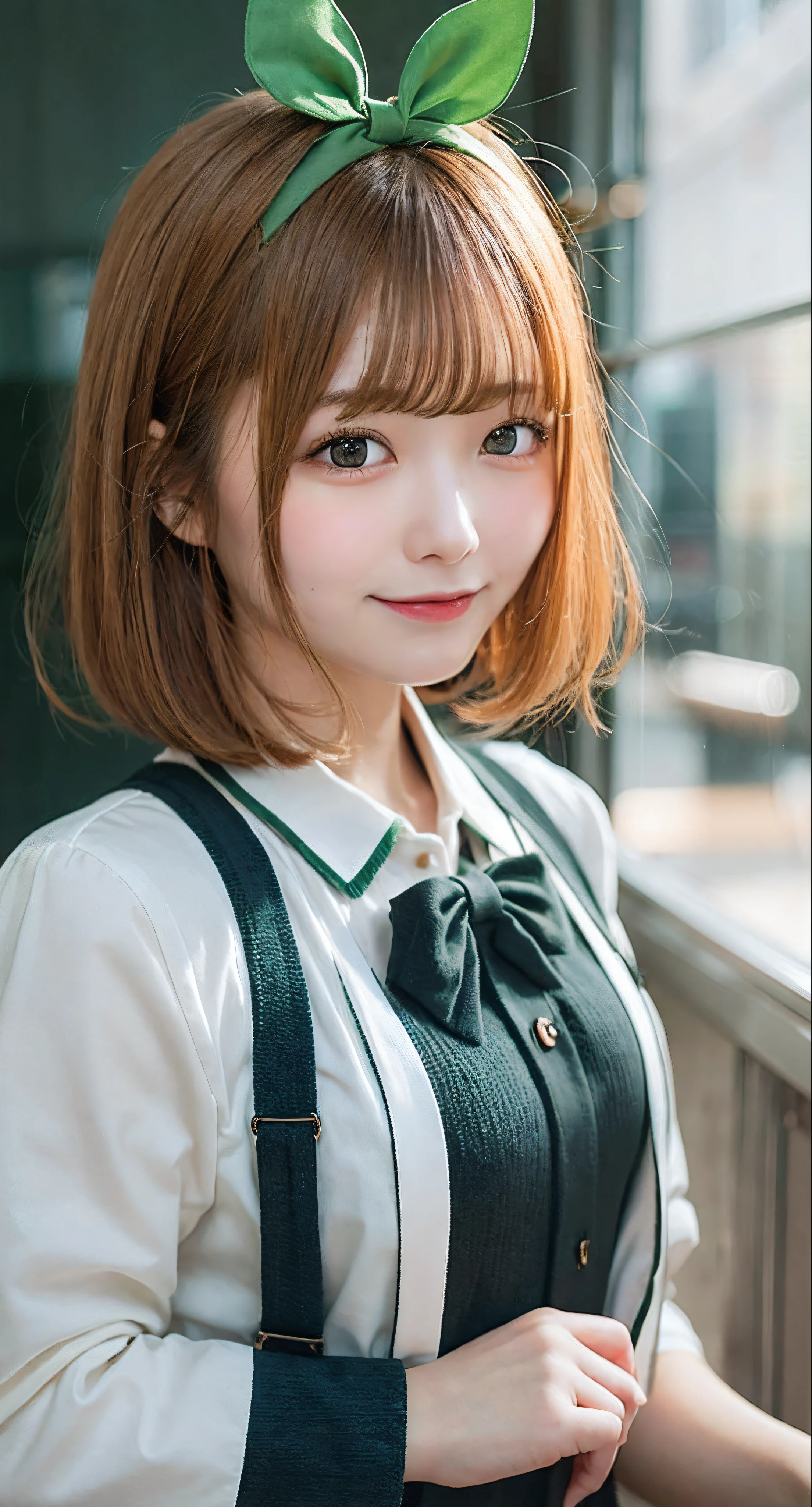 Nakano Yotsuba, Short_hair, Bangs, Blue_Eyes, orange_hair, Hair Bow, Green Ribbon, hair_Bland_Eyes,A smile