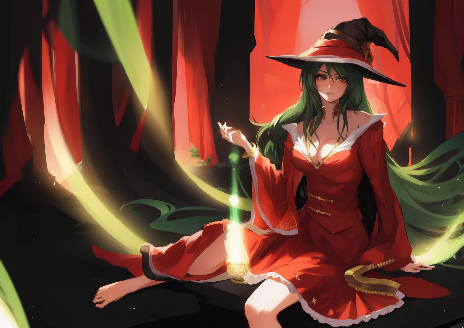 Chica de anime con vestido rojo sentada en un bosque con un sombrero rojo, Pelo verde, hechicera, Una hermosa hechicera, Hermosa hechicera, /!\ La hechicera, Hechicera bonita, Humano :: hechicera, Hermoso mago, Red dress and magic witch hat, classical witch, Mujer hechicera, Bruja Castlevania, Negro - Mago de pelo verde, 2 piernas perfectas