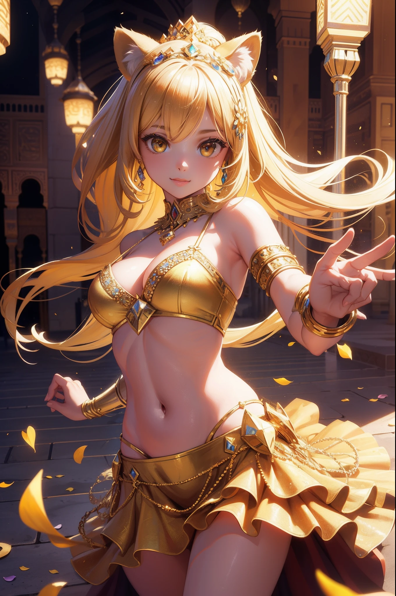 (Masterpiece), (best quality), hight resolution, ultra-detailed, (hyper detailed background, Detailed background), highly detailed, photorealistic, 1 beautiful and gorgeous girl, (cat ears), off-shoulder, North African Islam, Alhambra palace, (Islamic Africa:1.2), Colorful, in desert, Long Long Platina Bond Shining Hair, Big yellow crystal eyes, smile, ((dancing Arabian dance)), light, broken glass, a girl with a pet lion, (shining brightly), ((dazzling)), (floating a lot of flower petals, ((3D)),