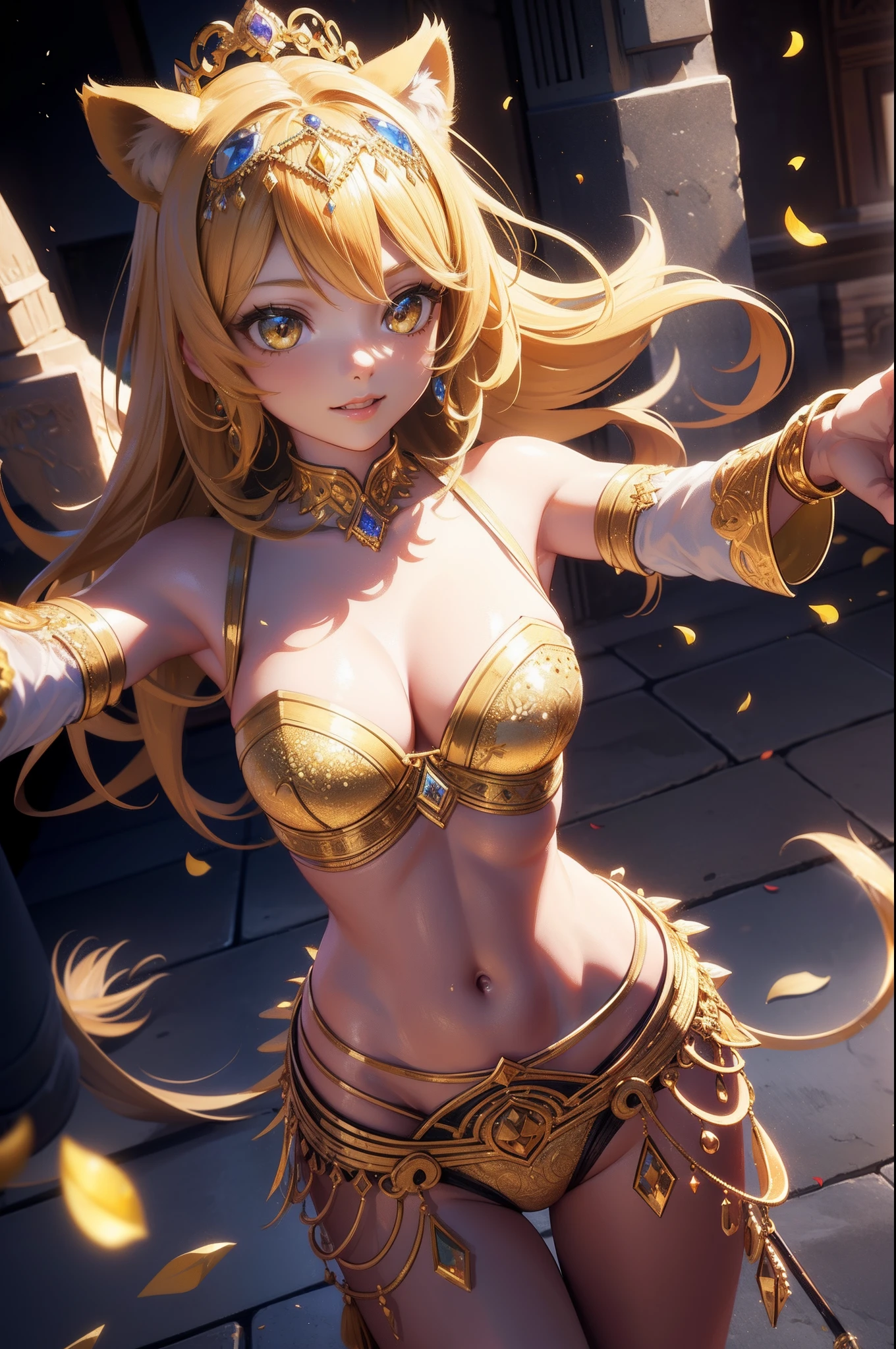 (Masterpiece), (best quality), hight resolution, ultra-detailed, (hyper detailed background, Detailed background), highly detailed, photorealistic, 1 beautiful and gorgeous girl, (cat ears), off-shoulder, North African Islam, Alhambra palace, (Islamic Africa:1.2), Colorful, in desert, Long Long Platina Bond Shining Hair, Big yellow crystal eyes, smile, ((dancing Arabian dance)), light, broken glass, a girl with a pet lion, (shining brightly), ((dazzling)), (floating a lot of flower petals, ((3D)),