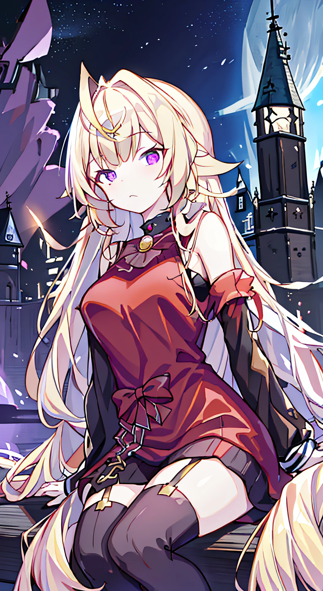 ((tmasterpiece,best qualtiy,4K,gelbooru,Pisif,best qualtiy,Hyper-detailing)),warmly lit,1 woman,Young adults,Beautiful young woman,((Princess braids,Hairy bangs,long whitr hair)),((fox ear)),((Purple eye,sharp sharp eyes)),small boobs,starrysky,scowling,detailed city background,((Sexy red evening dress)),((adorable and fluffy, very fluffy,Tucked into a black sleeveless sweater)),((Sit at the top of the church tower,night city on the background,bird's eyes view)),Very modern futuristic environment