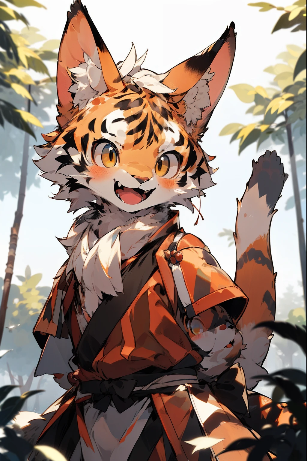 depth of field, perfect lighting, light particles,(best quality),(masterpiece),(ultra detailed),sharp focus,light particles, niji, blush, brown_eyes, looking_at_viewer, smile, solo, furry, animal_ear_fluff, open_clothes, arms behind back, upper body, tail, samurai armor, sunlight, tree, open mouth, from below, arms behind back, male tiger,