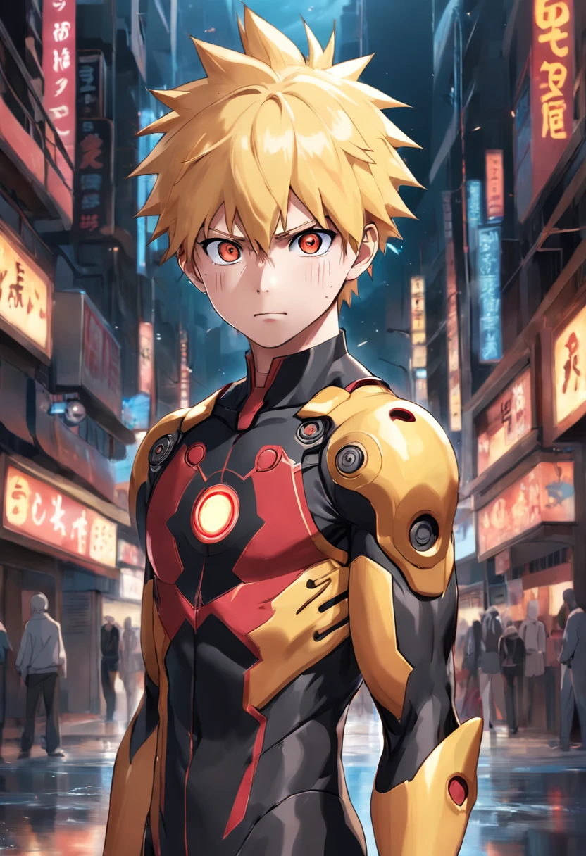 Realistic, 1boy, boy 21 years old, naruto wearing Ironman suit, Naruto Uzumaki, three black streaks on the cheek, blonde hair, standing