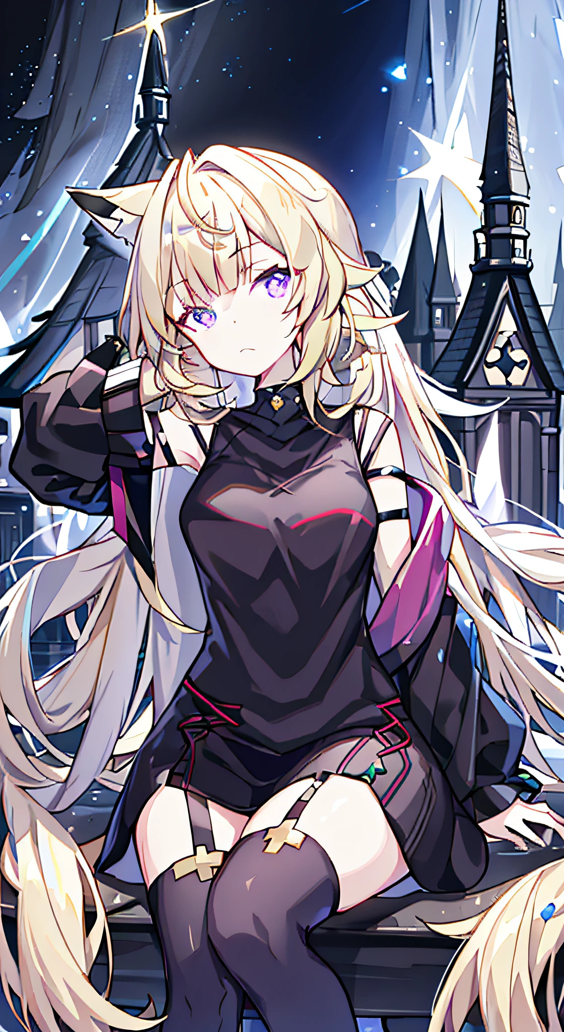 ((tmasterpiece,best qualtiy,4K,gelbooru,Pisif,best qualtiy,Hyper-detailing)),warmly lit,1 woman,Young adults,Beautiful young woman,((Princess braids,Hairy bangs,long whitr hair)),((fox ear)),((Purple eye,sharp sharp eyes)),small boobs,starrysky,scowling,detailed city background,((Sexy black wedding dress)),((adorable and fluffy, very fluffy,Tucked into a black sleeveless sweater)),((Sit at the top of the church tower,night city on the background,bird's eyes view)),Very modern futuristic environment