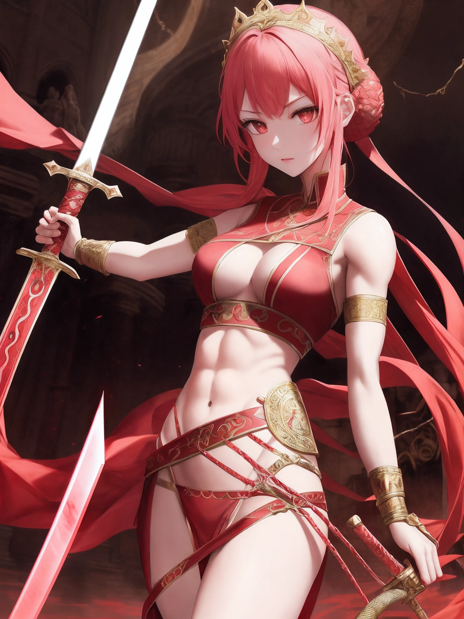 Girl, red pink Blood, Serpent, Goddess, Musculine, sword, roman clothing