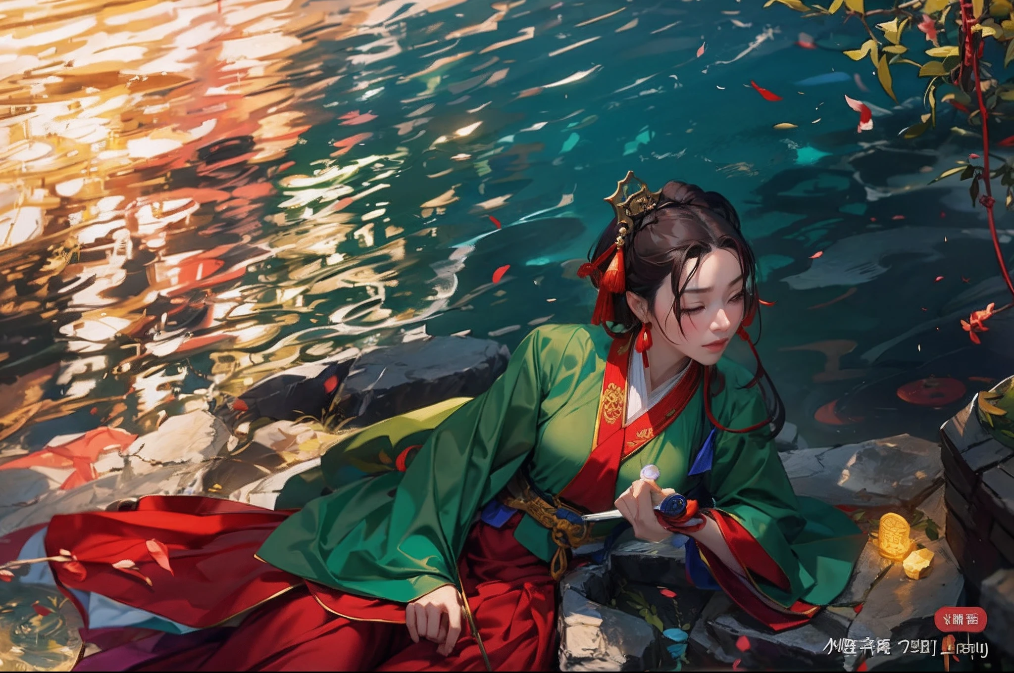 A woman in a green Han dress sits on a rock by the water, Palace ， A girl in Hanfu, Hanfu, Wearing ancient Chinese clothes, inspired by Tang Yin, with acient chinese clothes, inspired by Gu An, Inspired by Qiu Ying, inspired by Emperor Huizong of Song, Traditional Chinese clothing, inspired by Zhang Yan，Holding a wine glass in his hand，Eyes slightly closed，The expression was melancholy