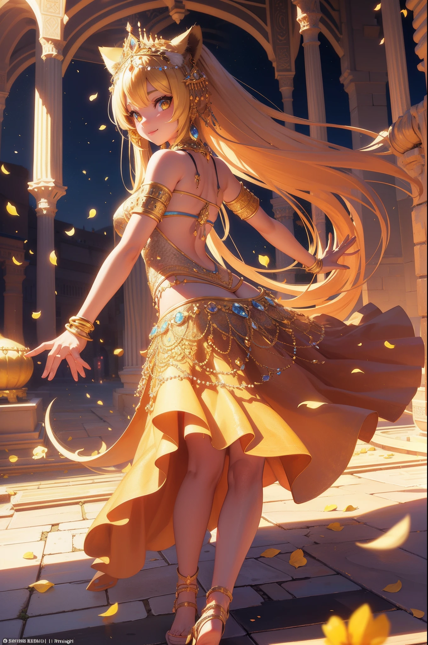 (Masterpiece), (best quality), hight resolution, ultra-detailed, (hyper detailed background, Detailed background), highly detailed, photorealistic, 1 beautiful and gorgeous girl, (cat ears), off-shoulder, North African Islam, Alhambra palace, (Islamic Africa:1.2), Colorful, in desert, Long Long Platina Bond Shining Hair, Big yellow crystal eyes, smile, ((dancing Arabian dance)), light, broken glass, a girl with a pet lion, (shining brightly), ((dazzling)), (floating a lot of flower petals, ((3D)),