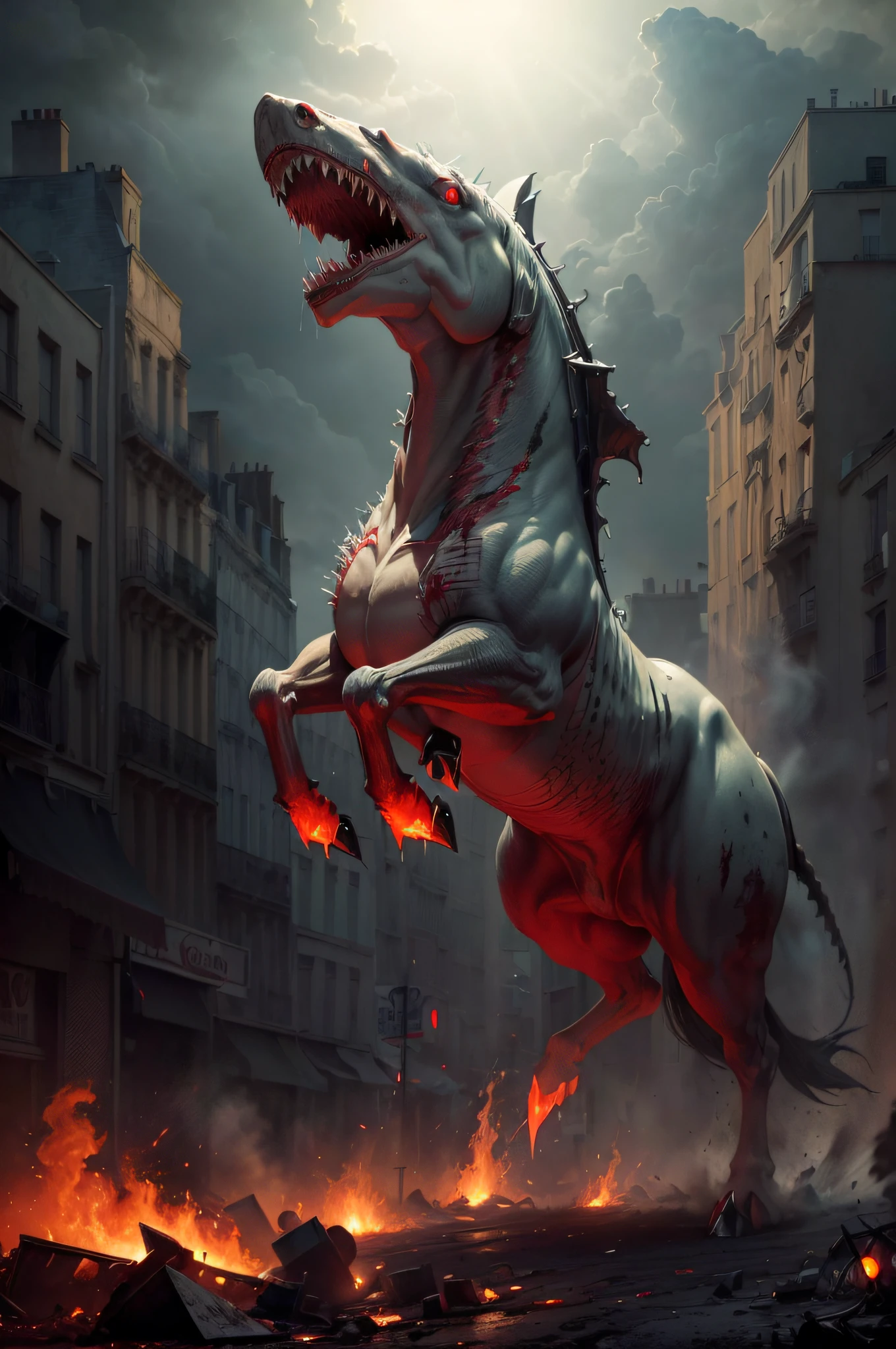 (((masterpiece))), (((best quality))), ((ultra-detailed)),mutant zombie-horse with a great white shark head standing on the hind legs, big shark teeth,rotten skin,putrid flesh,bleeding wounds, (dripping blood),street of city of paris ,flames ,burning car, visible inner parts,guts, ((glowing red eyes))