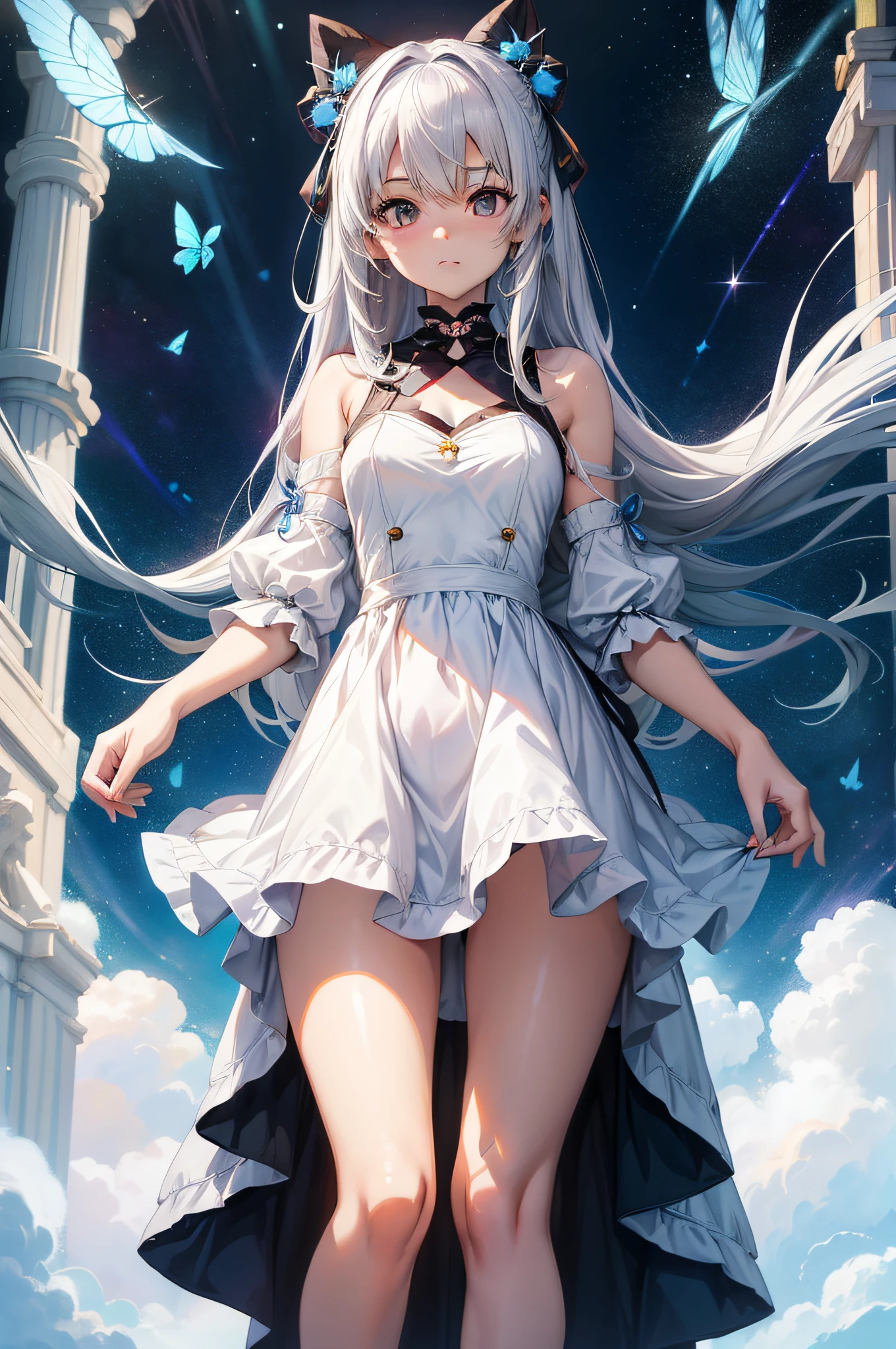 Anime, Anime style, nffsw, retinas, masutepiece, ccurate, Anatomically correct, Textured skin, Super Detail, high details, High quality, awardwinning, Best Quality, hight resolution,Anime girl with long white hair and blue butterfly in her hair, White Dress!! of silver hair, white haired god, zerochan art, Cute anime waifu in a nice dress, Girl with white hair, anime girl with cosmic hair, loli in dress, Star(skyporn) starrysky_skyporn, nightcore, perfect gray hair girl, Mikudayo