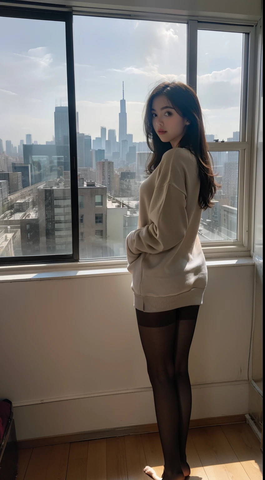 Show entire body, feet in view, rear view, 1girl, standing in front of huge window, oversized sweatshirt, pantyhose, no shoes, luxury apartment, cityscape, soft light, midnight