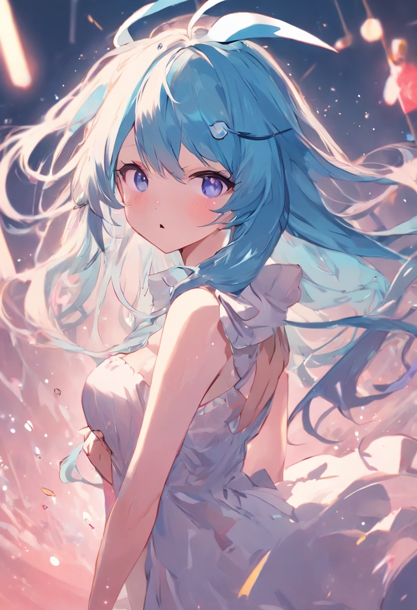 Sky blue hair, (One braided ponytail),(Pink Eyes),Fair skin ,(whole body),(One girl),Orihime,Sky Yue,Tanabata,(The Milky Way in the night sky),Hollow Eyes,Blushing,Straight bangs,(masterpiece, Highest quality, Very detailed, Best Shadow), (Detailed Background), (Beautifully detailed face), High Contrast, (Best lighting, Very delicate and beautiful), ((Cinematic Light)), colorful, Hyper Detail, Dramatic Light, Intricate details,Open your arms