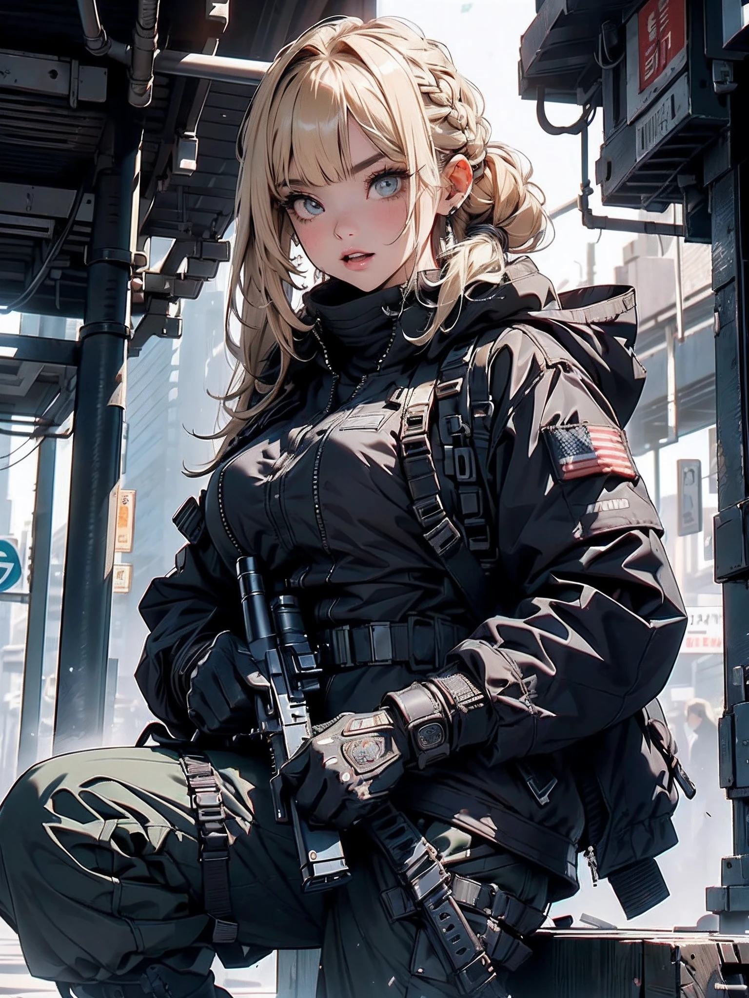 独奏、1a person、Fluttering hair、Beautuful Women、(A detailed face、Detailed facial contours、sharp outline、A detailed eye、Bright pupils、Gradient Eyes:1、finely detailed beautiful eye:1、Symmetrical eyes:1、big highlight on eyes:1.2)、Detailed hair strands、Turquoise eyes)、abdominals、breasts are medium in size、25-years old、open open mouth、White teeth are visible、Glossy lips、Three-dimensional nose、Three-dimensional lips、二重まぶた、(asymmetrical bangs、Blonde ponytail、long、Side braided、disheveled hair)、(Army Pants、Military、coat jacket、parka、hand gloves、Army Boots、Tactical Holster、automatic rifle、assault rifle、M16、M4 carbine、HK416、Hold a military rifle、Have a military rifle)、(Fine fingers、detailed arms、detailed human hands)、(in 8K、top-quality、masterpiece、 The ultra -The high-definition、 Top resolution、ighly detailed、 profetional lighting、Near and far law、Post-apocalyptic cyberpunk city、(High dynamic range)、foco nítido:1。4、(Hyper-detailing、finedetail)、