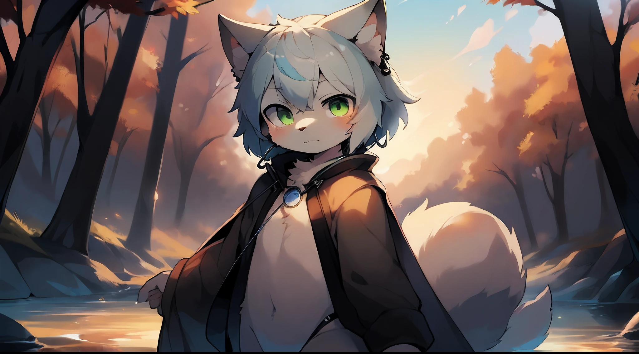 (light environment:1.1),masterpiece, high quality, absurd res, digital painting \(artwork\), by dagasi, yupa,kiyosan,(anthro,fluffy fur,character focus:1.1),anthro male cat,short hair,portrait, bright eyes,panorama,character focus.(detailed background:0.7),solo,furry,furry male ,male focus,anthr,(Full body fur, fluffy tail,Silver cloak, white fur,Dark blue earbuds,green eyes,silver hair:1.2),(Feline:1.2),(forest,tree:0.8)