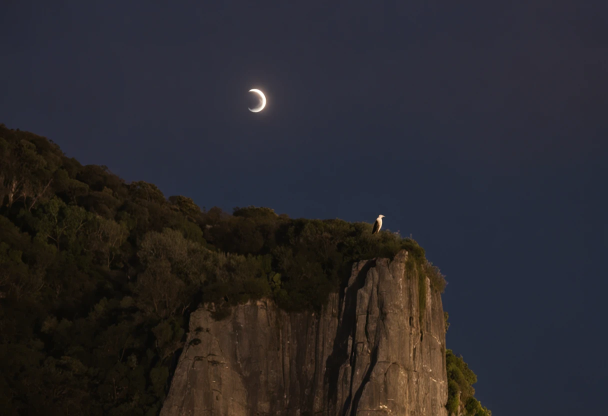 Circles of vultures flying on the edge of the cliff, luzes noturnas, Vista Chinesa, ao fundo Rio de Janeiro, Cristo Redentor, corcovado, noite escura, com muitas sombras, stars and full moon in the sky and many trees coming down the cliff