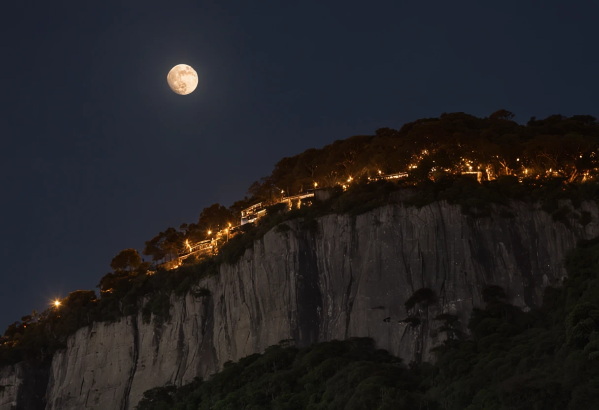 Circles of vultures flying on the edge of the cliff, luzes noturnas, Vista Chinesa, ao fundo Rio de Janeiro, Cristo Redentor, corcovado, noite escura, com muitas sombras, stars and full moon in the sky and many trees coming down the cliff