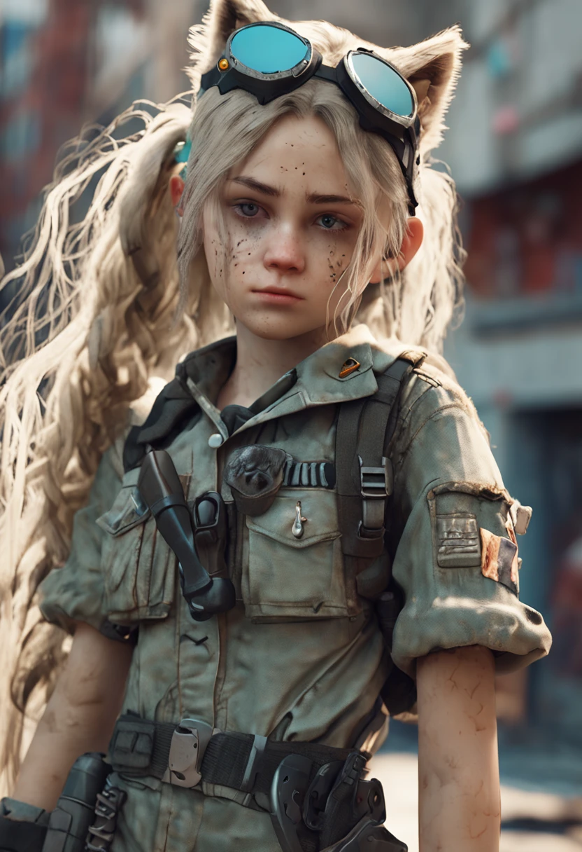 standing, facing forward, beautiful white woman in her 20s, mud, scratches on face, mud stained blonde hair and face, dirty nurse clothes, smooth skin, scared expressions, isometric details, amazingly realistic photos, blue eyes, zombie apocalypse