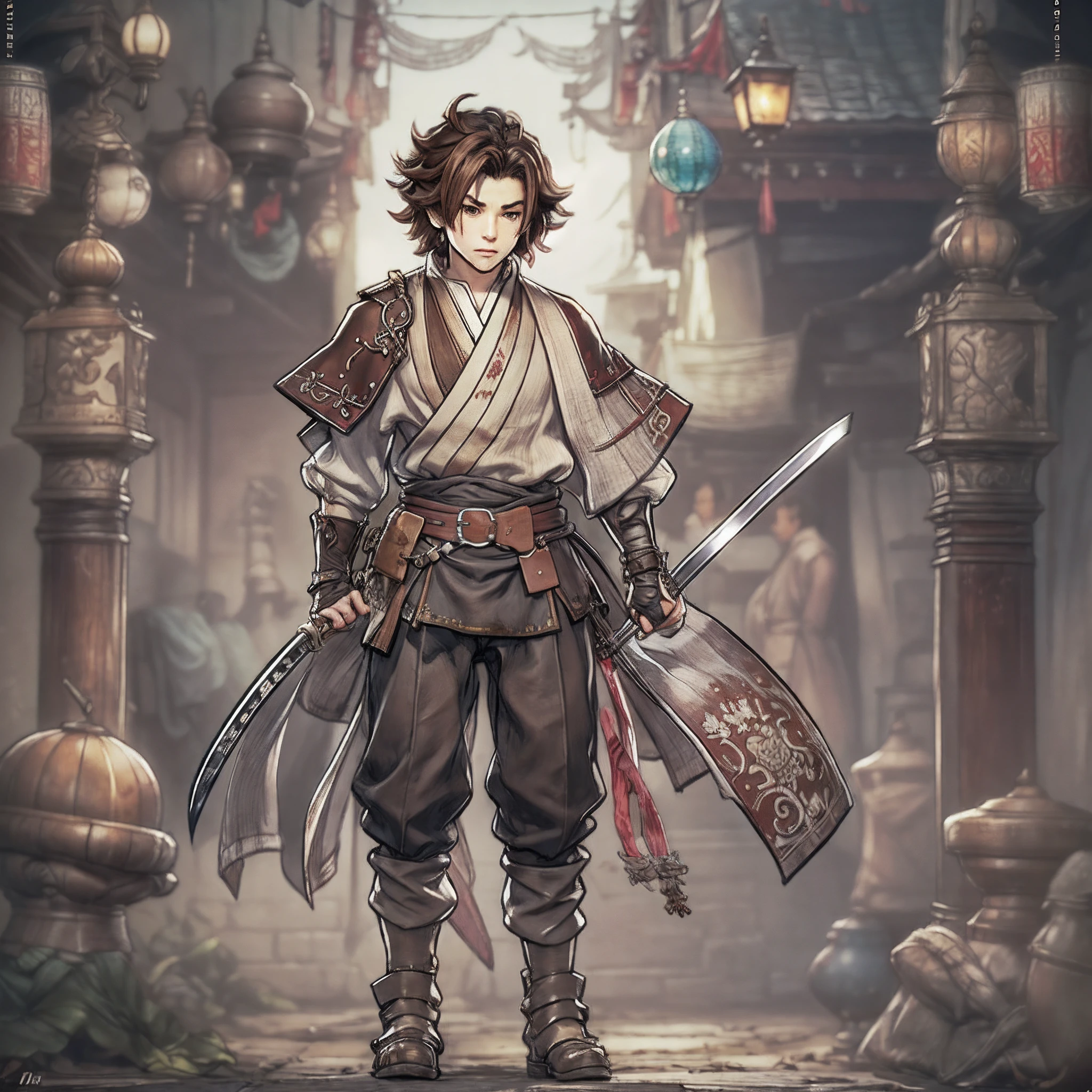 Game Art design, Octopath Traveler 2, 1boy, hikari ku, (solo:1.4), brown hair, ponytail, samurai warrior wearing a katana on his waist belt, japanese clothes with ornaments, yoroi, extremely detailed face and eyes, absurdes