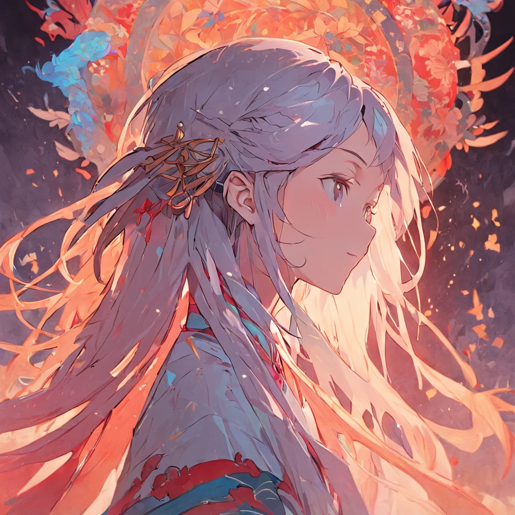 "(White background:1.4),Silhouette of girl with eyes closed,Long colorful hair,Illustration with oriental elements(Chinese illustration:1.3,paper art:1.3,Quilted paper art:1.2),Reasonable design,Clear lines,High sharpness,Best quality,Very detailed masterpiece-like picture,Enjoy cinematic lighting effects,The resolution is 4K。"