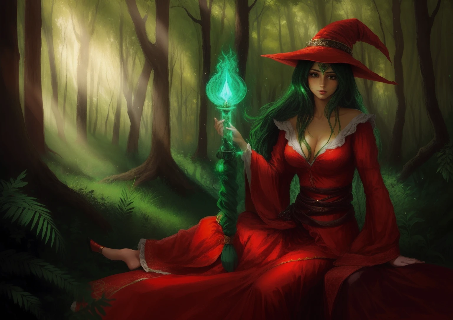 Chica de anime con vestido rojo sentada en un bosque con un sombrero rojo, Pelo verde, hechicera, Una hermosa hechicera, Hermosa hechicera, /!\ La hechicera, Hechicera bonita, Humano :: hechicera, Hermoso mago, Red dress and magic witch hat, classical witch, Mujer hechicera, Bruja Castlevania, Negro - Mago de pelo verde, 2 piernas perfectas