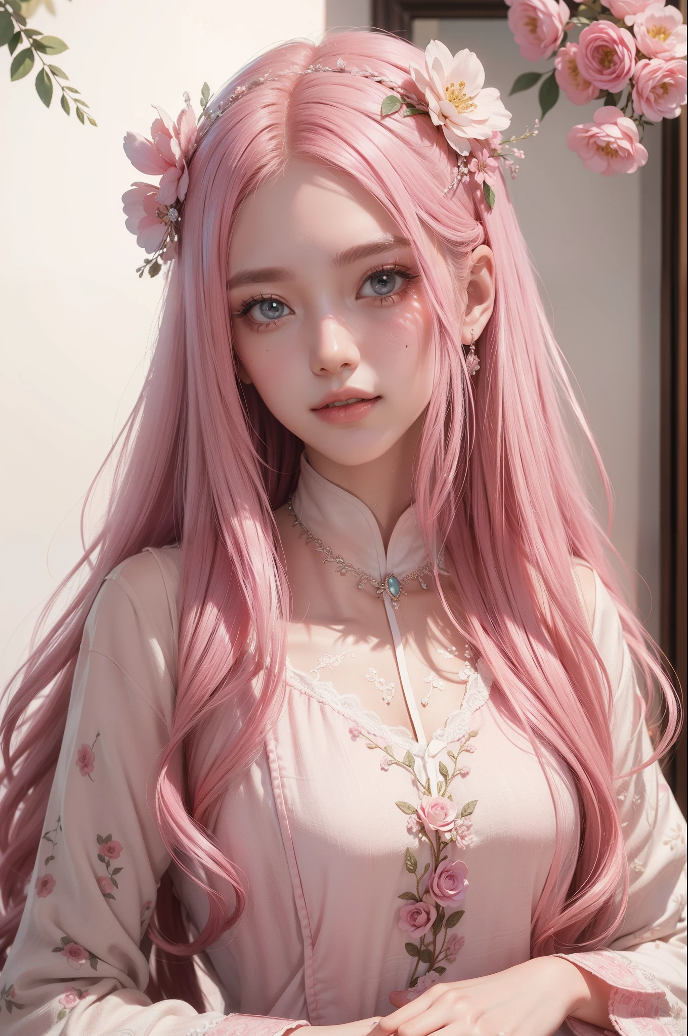 masterpiece、top-quality、Pink Fashion、Long pink hair、Beautuful Women、Beautiful eyes、Gentle smile、Floral hair ornament