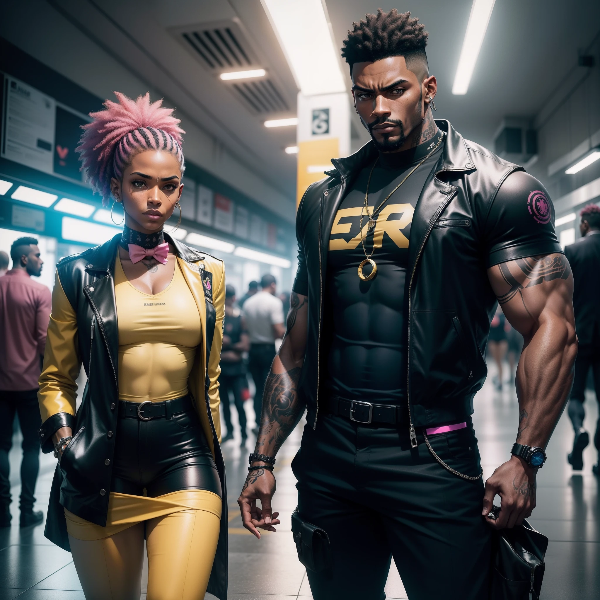 I'd like a cyberpunk style image in 4k average photo of two black characters ,50 anos de idade,,africano, forte, musculoso,Bodybillder,muito forte de pele negra ,barba grande,barba, Estiloso Barbon,com cabelo punk estilo anos 80 na cor amarelo e cinza escuro,muito eLegante,, futurista e estiloso neon , com uma tatuagem super colorida e com neon ,Toattoo, facing a metro station on the platform , with station lights failing in a dimly lit environment, standing dressed in a dark yellow suit with a pink bow tie and baggy shirt.