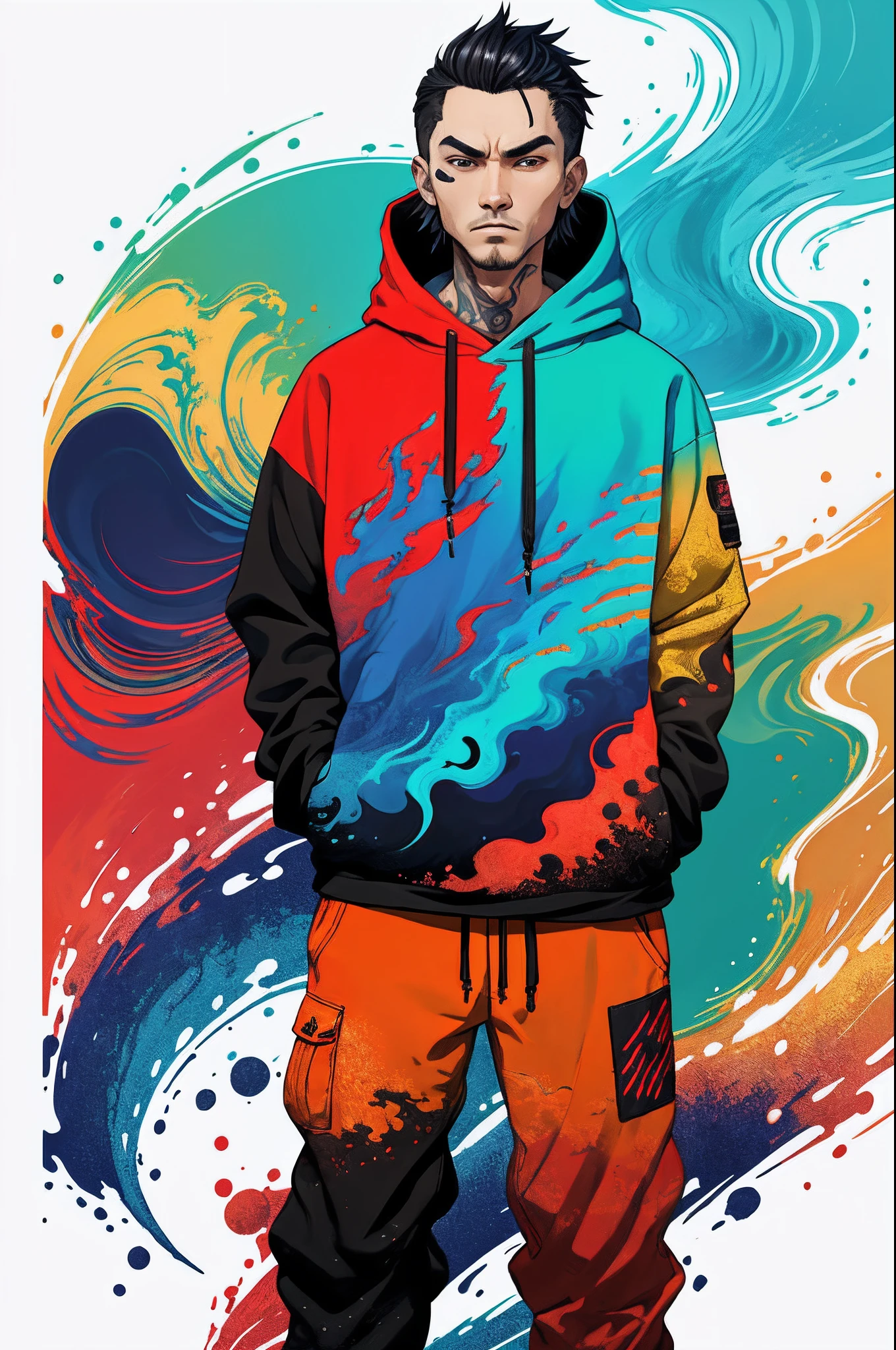 Colorful katana twin illustration, queimadura de fogo, smoke and ocean wave, Japan style art, design detalhado para streetwear e design de camisetas de estilo urbano, Hoodies, etc vetor pro, alta qualidade, arte digital, linha arrojada, linha dura, circle logo.