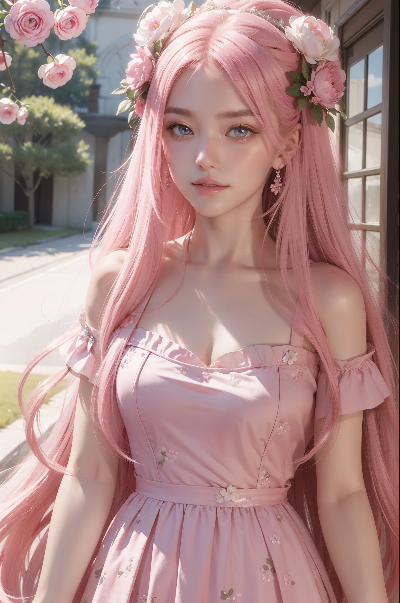 masterpiece、top-quality、Pink Fashion、Long pink hair、Beautuful Women、Beautiful eyes、Gentle smile、Floral hair ornament