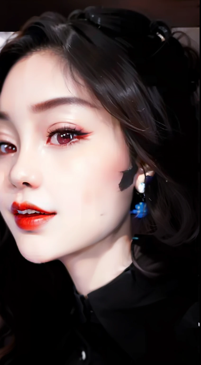 There was a woman with red lipstick and a black shirt, faint red lips, xintong chen, 8k selfie photograph, headshot profile picture, with round face, face with artgram, xision wu, 🤤 girl portrait, young cute wan asian face, red lipstick on face, slightly round chin, lulu chen, inspired by Cheng Jiasui, pale round face