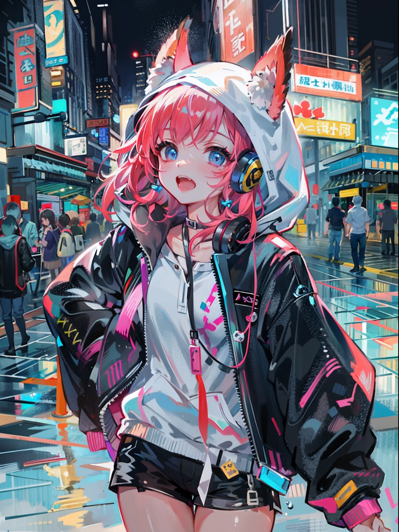 8K分辨率、((top-quality))、((​masterpiece))、((ultra-detailliert))、1 woman、独奏、incredibly absurdness、Oversized hoodies、headphones、Street、plein air、Sateen、neons、Shortcut Hair、Brightly colored eyes、Hands in pockets、shortpants、water dripping