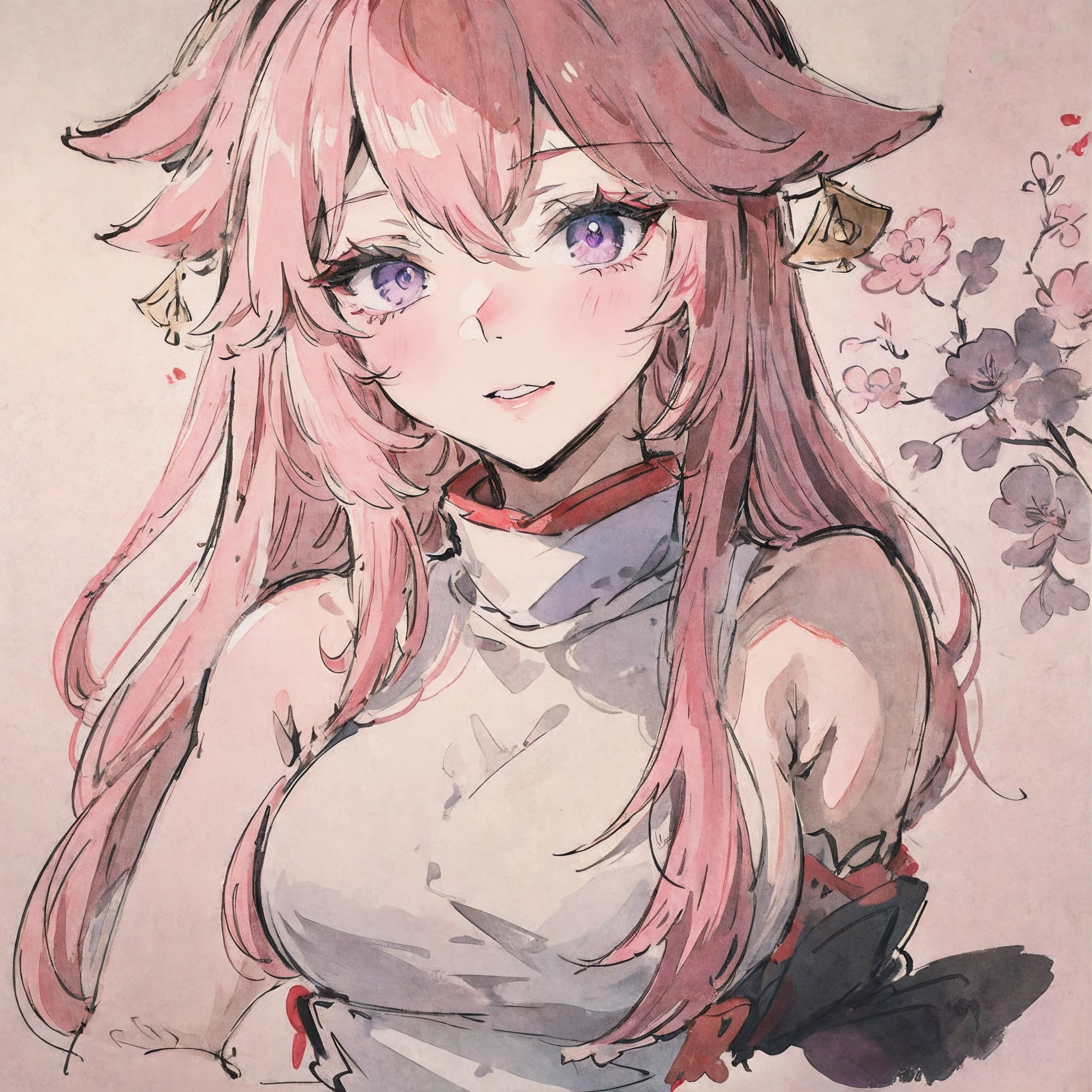 (Masterpiece, Best quality: 1.2), Traditional Chinese Ink Painting, Pink hair, Purple eyes, Yae Miko,High quality,8K wallpaper,beautiful