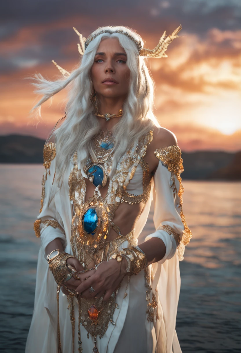 ( Absurd , High Quality , ultra-detail, Be careful with your hands. )Zodiac sign - Sagittarius goddess , Similar to Latin Goodness . bara , optimistic, fair, Funny faces and wits . foolhardy, calm, impatient, Overconfident style . mature , Dark blue eyes (Eye details) , long-haired , White hair with bling bling , transparent dress , In the ocean with sunset , Whole body , Nature Lights , Lord Chiron,4k,Clear image