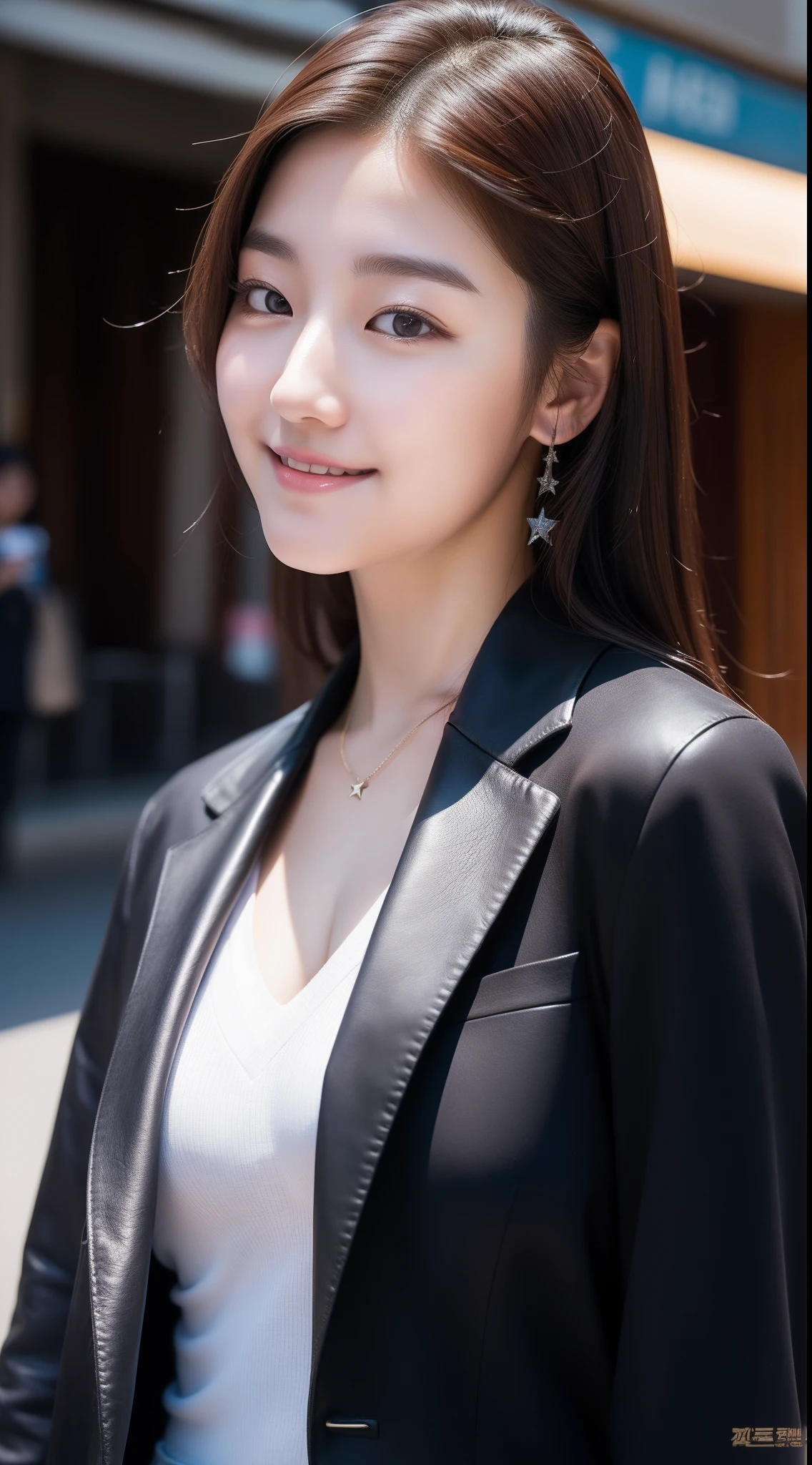realistic photos of (1 cute Korean star), hair pulled back, white skin, thin makeup, 32 inch breasts size, slightly smile, leather suit, at the street, sunshine light, close-up, backlighting, 16k