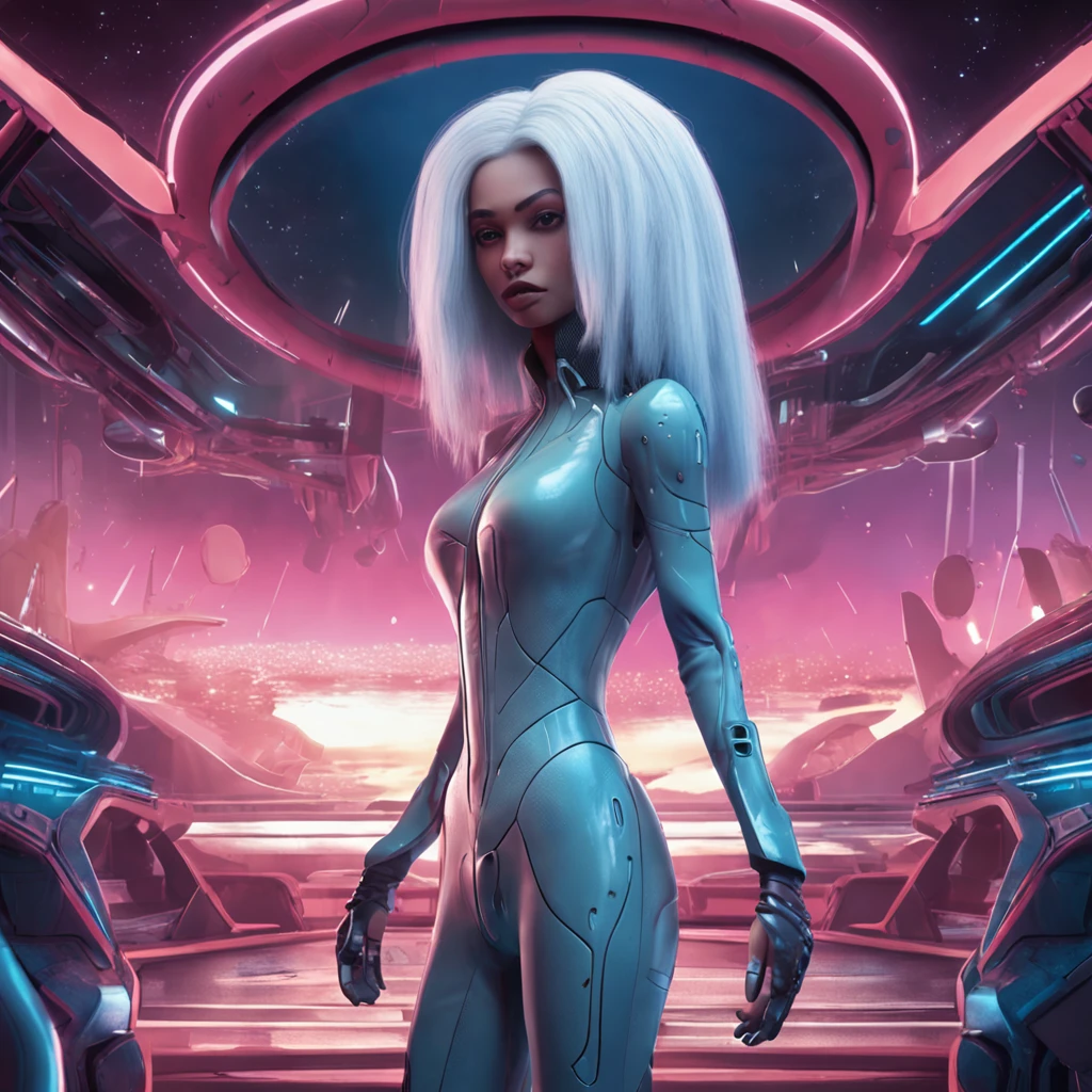 Female humanoid alien with big eyes and white-blue hair, in the style of retro-futuristic midi century space age sci-fi character, photorealistic rendering, clamp, shiny/glossy, dark gray and light black, realistic scenes, cartoon mis-en-scene, staying at lake shore at night