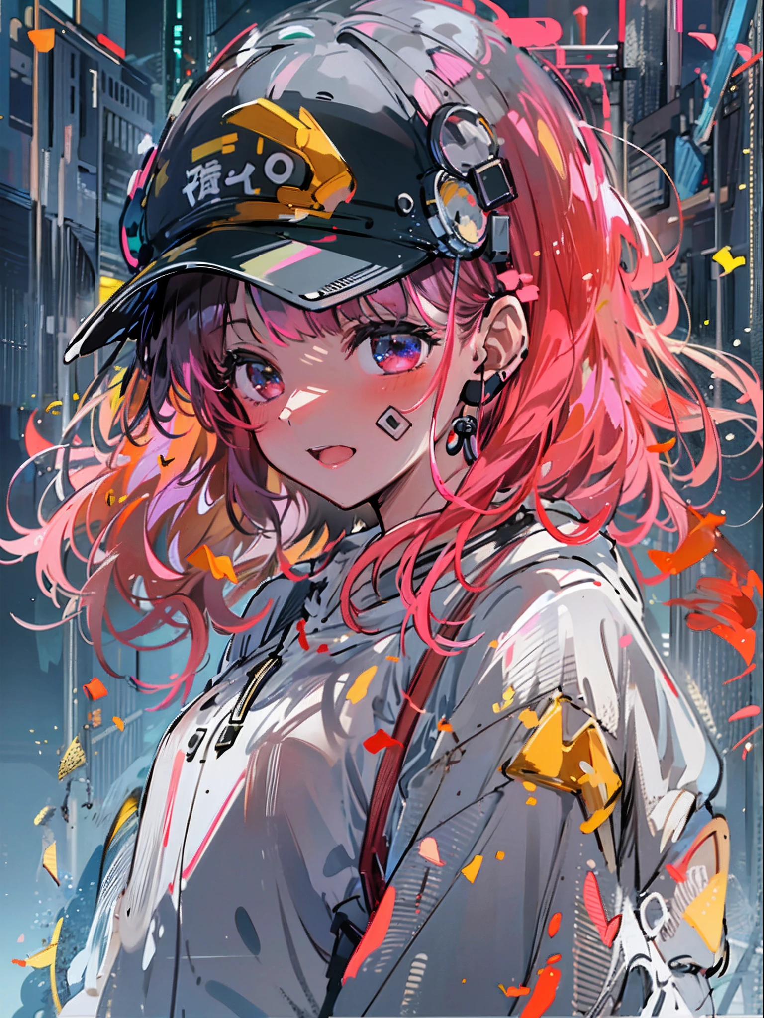 8K分辨率、((top-quality))、((masterpiece))、((ultra-detailliert))、1 woman、独奏、incredibly absurdness、Oversized hoodies、headphones、Street、plein air、Rain at night、neons、Shortcut Hair、Brightly colored eyes、Hands in pockets、shortpants、water dripping、red hairs、Bob Hair