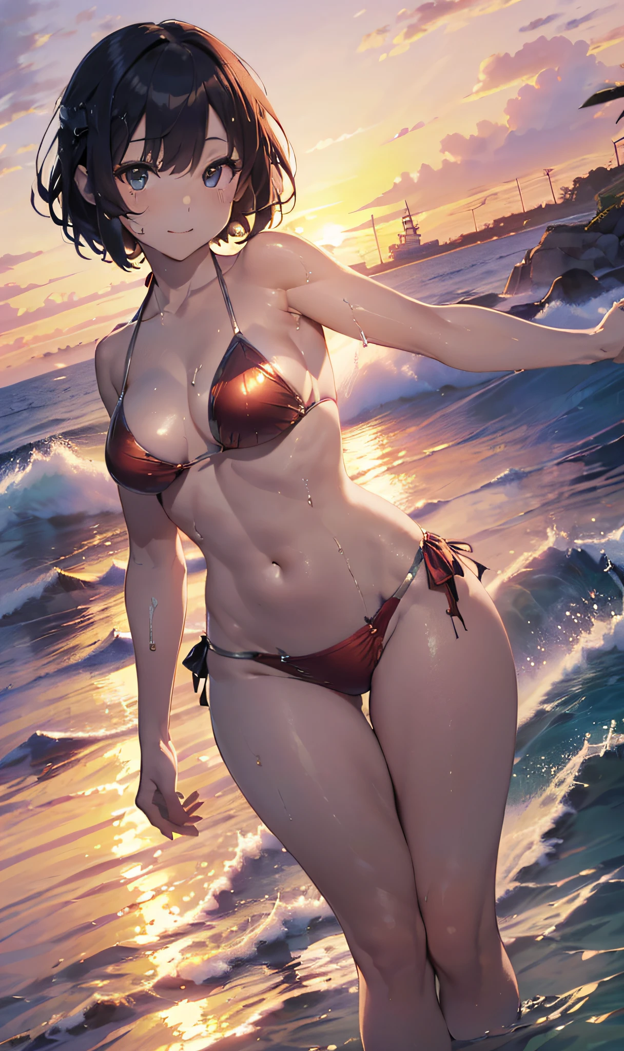 (Master masterpiece、The ultra -The high-definition、extremely fine and beautiful、Ultra-high power of 8 kilometers:2)、(Girl getting wet:1.4)、(looking at another:2)、(Clarity Metallic Deep Red Bikini:2)、(Transparent skin:1.6)、(short tail hair:1.8)、(Beautiful eyes:1.8)、、(Nominal body type)、(Glamorous:1.4)、(musculature:1.4)、(Thin thighs:1.6)、(Thin leg:1.6)、(A smile)、perfectly proportions,Correct anatomy、Good anatomy、(Sunset:1.6)、(Dynamic Angle:1.6)、(sexypose:1.8)、(early evening:1.4)、(Evening sea:1.6)