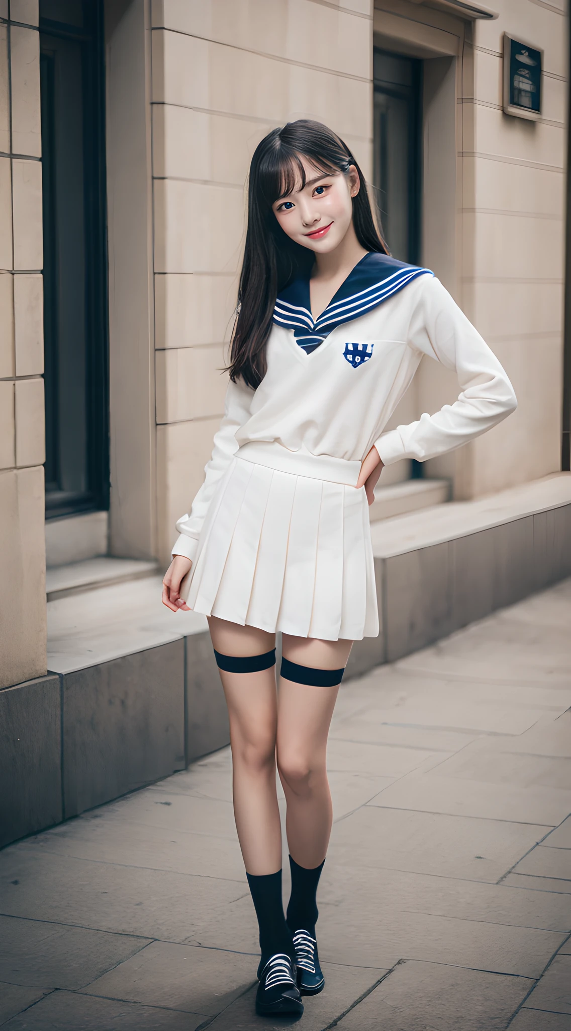 8k UHD、Digital single-lens reflex camera、High resolution、shallow depth of field、Natural light、(((sailor suit)))、(((Dark blue super mini skirt)))、(((full body shot)))、small person、(((young face)))、1 Japanese girl、16 years old; beautiful girl、(black hair)、(((brown eyes)))、Glossy skin、smooth thin hair、long hair、detailed background、highly detailed eyes and face、clear eyes、cute smile、Calm atmosphere、(((climb the stairs)))、(((detailed small breasts)))、(((beautiful eyes)))、petya pie、children `s、(((tight thighs)))、(((white panties)))、(((angle from below) ))、(((detailed lips)))、(((The skirt is fluttering)))、beautiful shining legs、((nsfw))