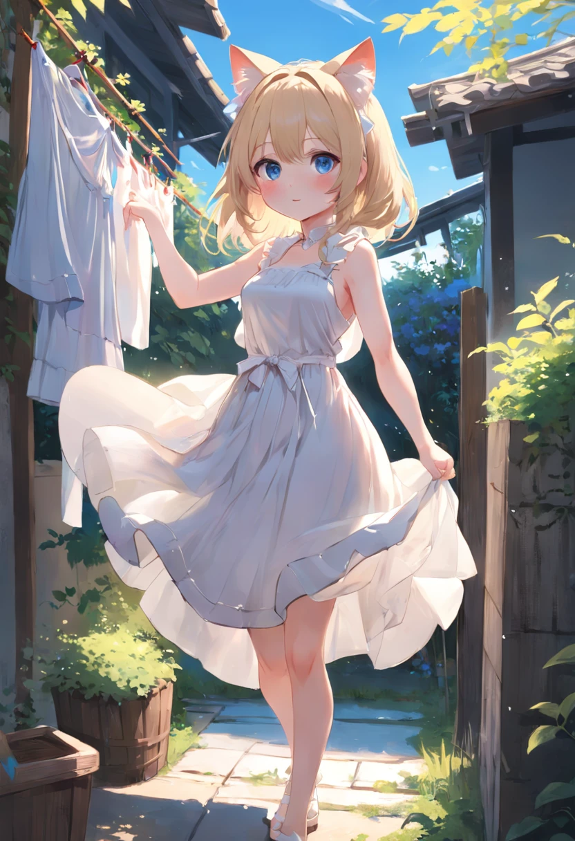 masterpiece, best quality,A beautiful woman with light delicately filtering through her hair, her summer dress is beautiful and she's standing in front of a cottage